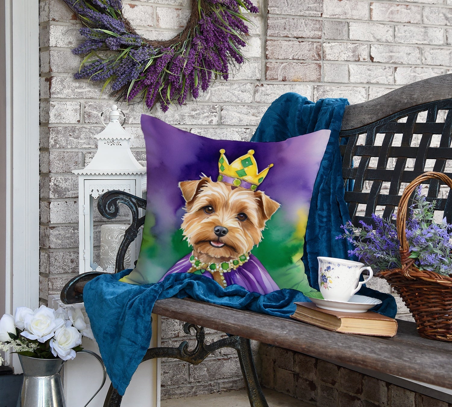 Norfolk Terrier King of Mardi Gras Decorative Throw Pillow 18x18 Indoor Outdoor Accent Cushion, Fabric Cover with Insert for Sofa, Bed, Porch & Living Room