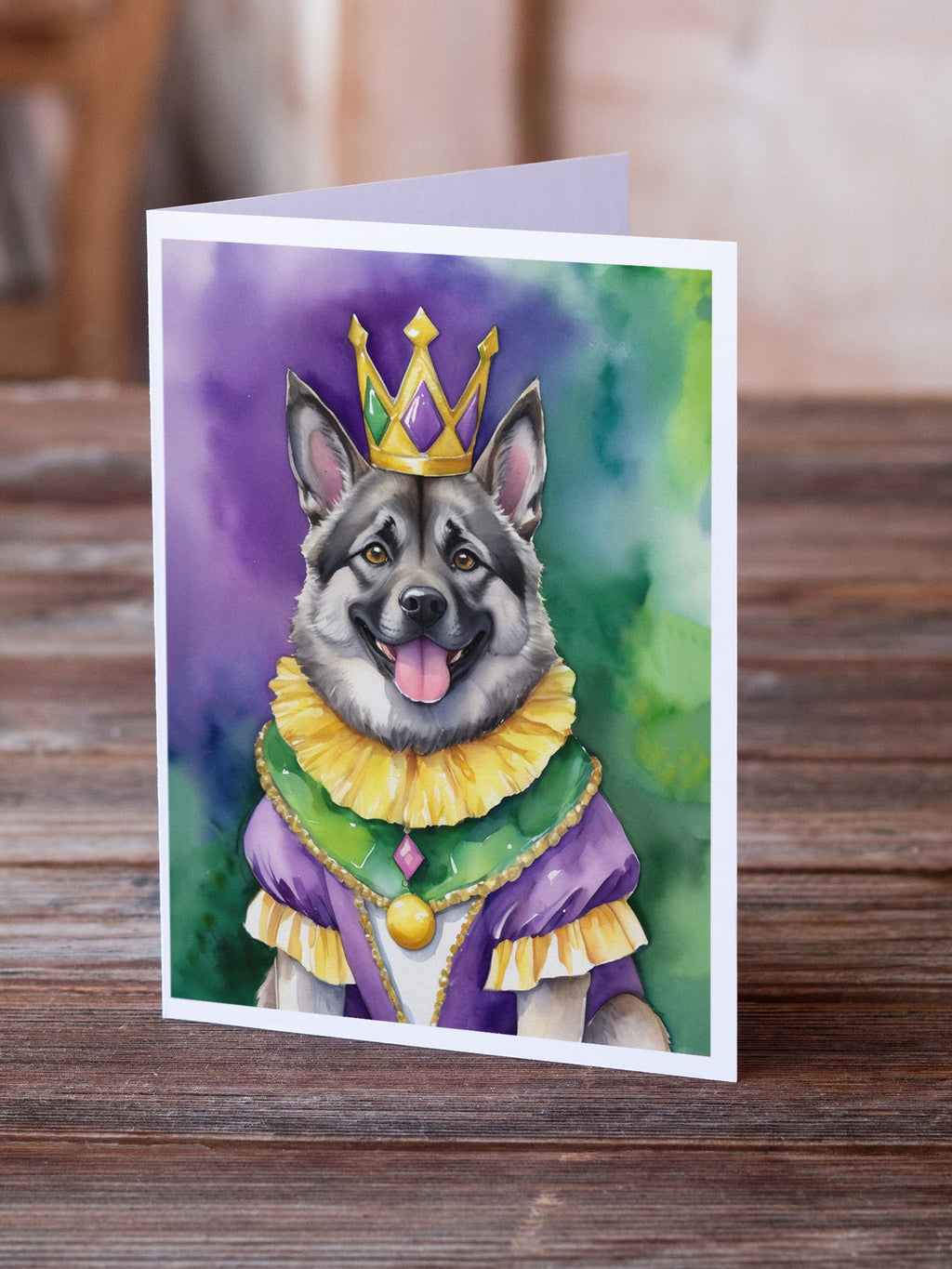 Norwegian Elkhound King of Mardi Gras Greeting Cards Pack of 8 Blank Cards with Envelopes Whimsical A7 Size 5x7