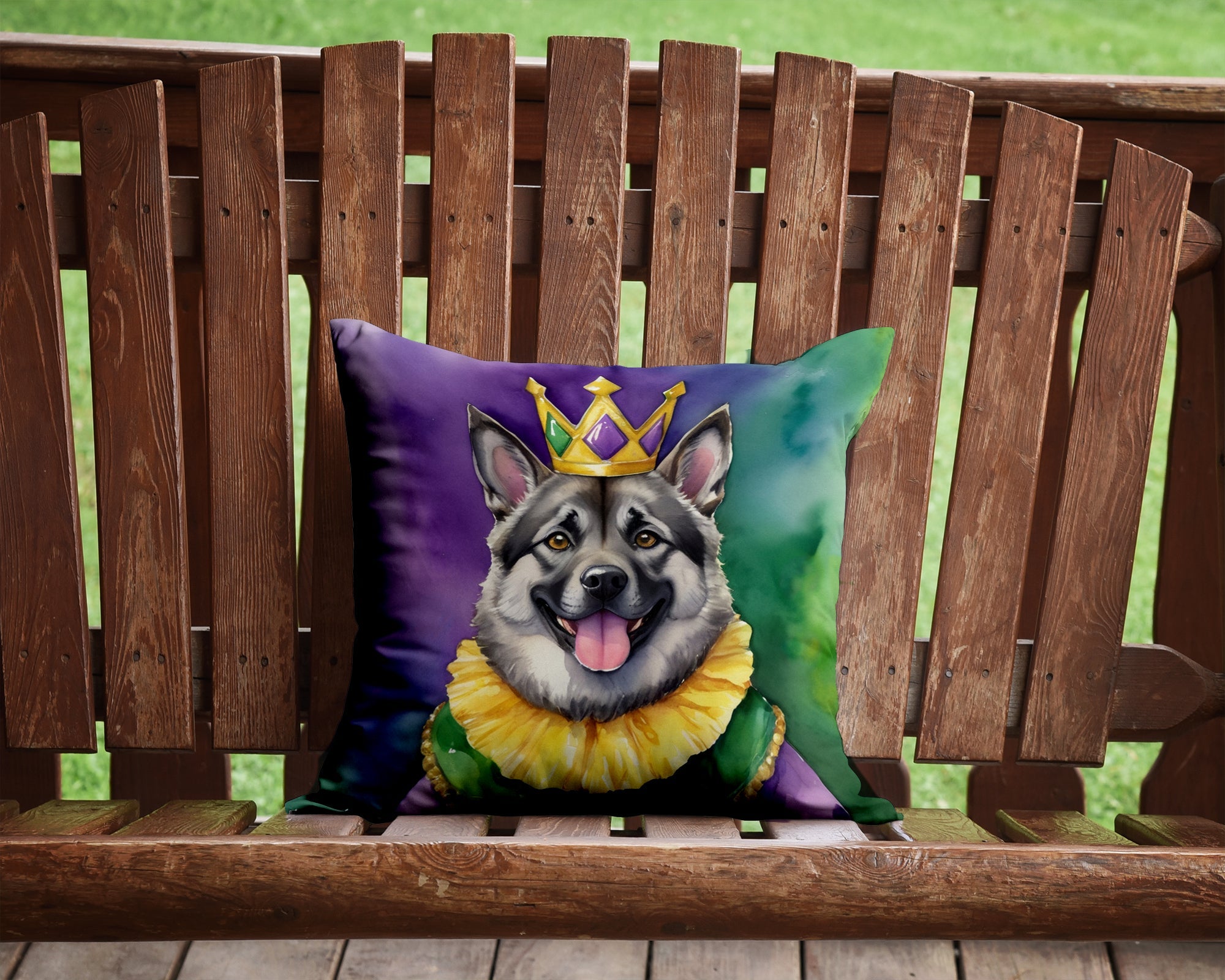 Norwegian Elkhound King of Mardi Gras Decorative Throw Pillow 14x14 Indoor Outdoor Accent Cushion, Fabric Cover with Insert for Sofa, Bed, Porch & Living Room