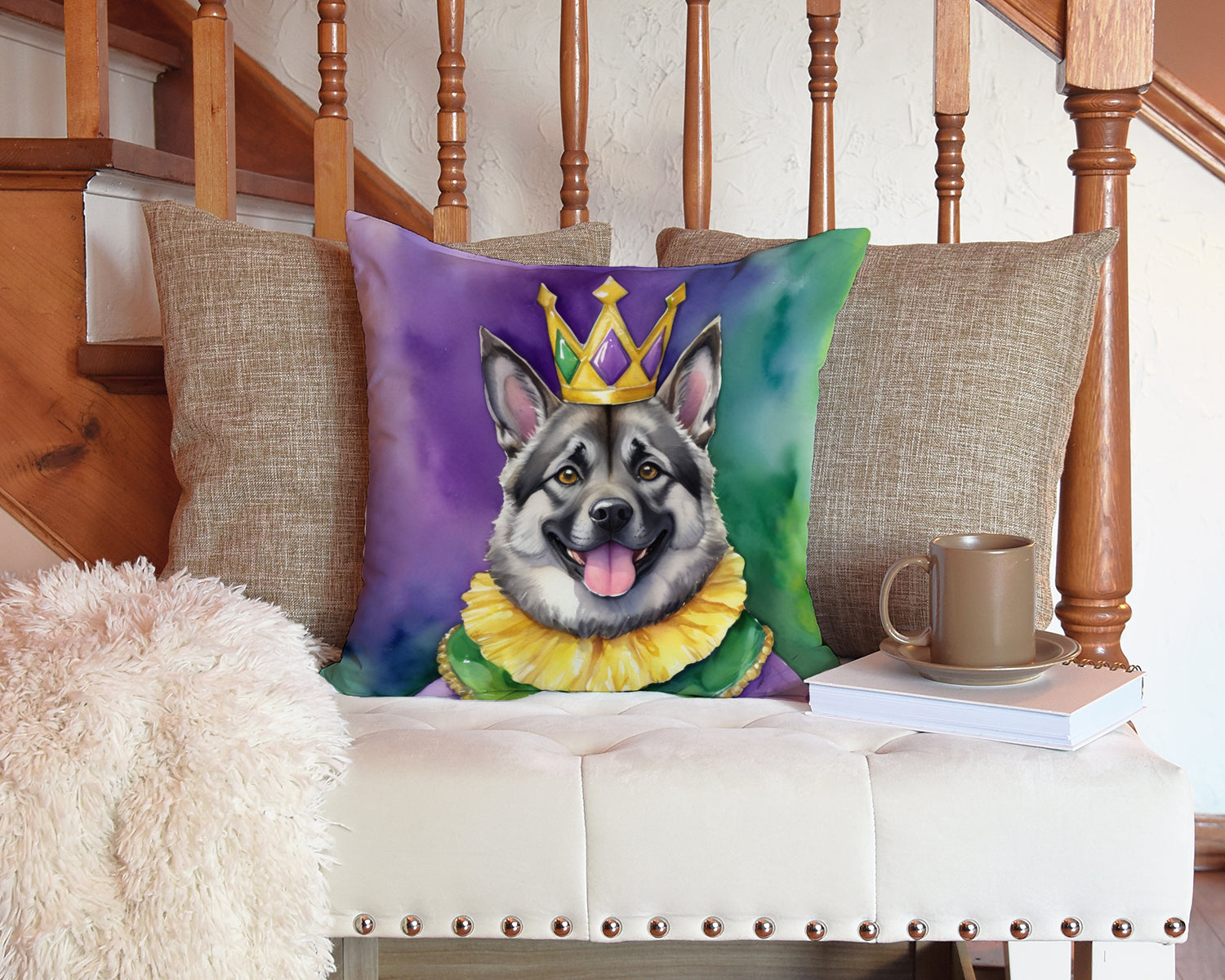 Norwegian Elkhound King of Mardi Gras Decorative Throw Pillow 14x14 Indoor Outdoor Accent Cushion, Fabric Cover with Insert for Sofa, Bed, Porch & Living Room
