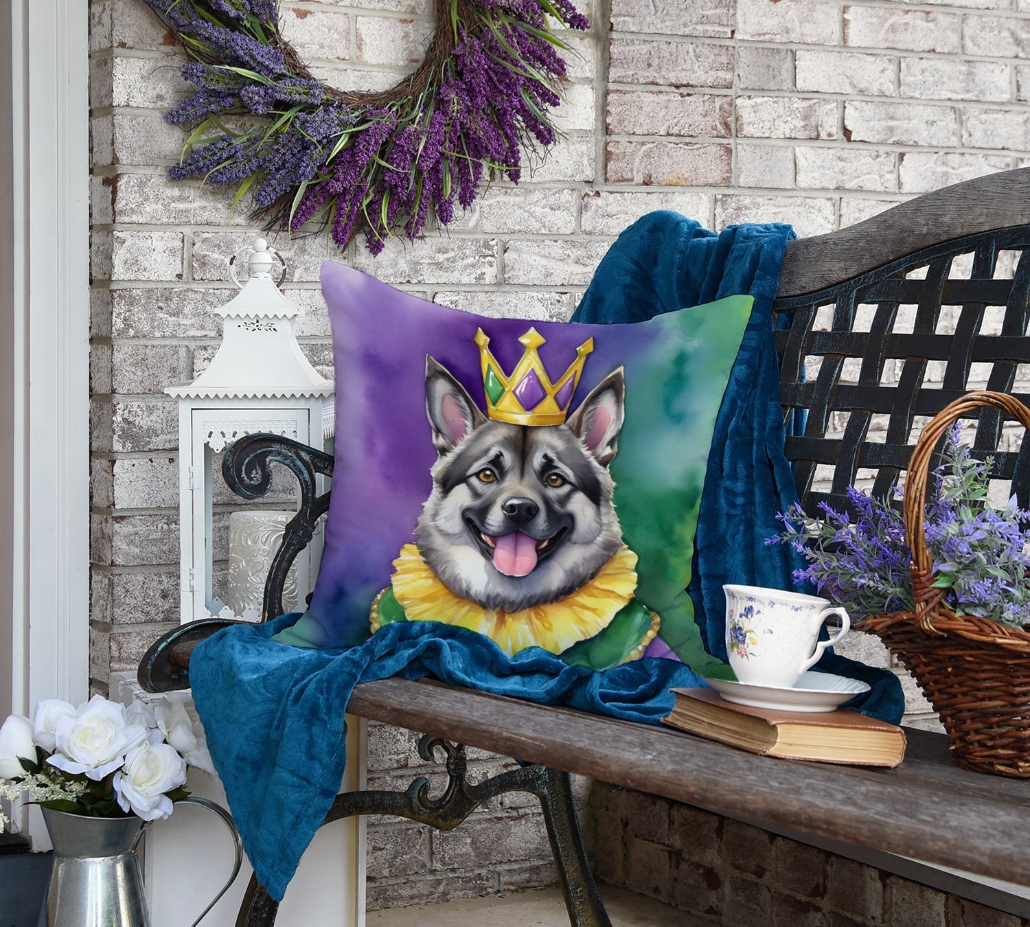 Norwegian Elkhound King of Mardi Gras Decorative Throw Pillow 18x18 Indoor Outdoor Accent Cushion, Fabric Cover with Insert for Sofa, Bed, Porch & Living Room