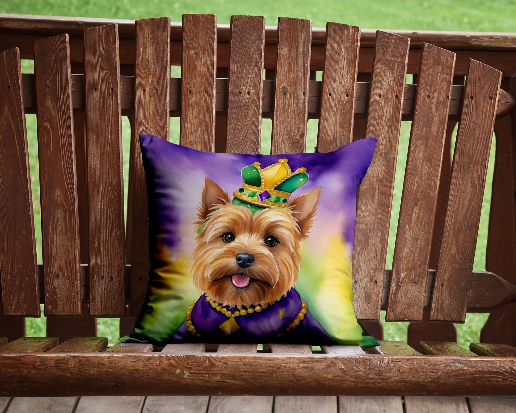 Norwich Terrier King of Mardi Gras Decorative Throw Pillow 14x14 Indoor Outdoor Accent Cushion, Fabric Cover with Insert for Sofa, Bed, Porch & Living Room