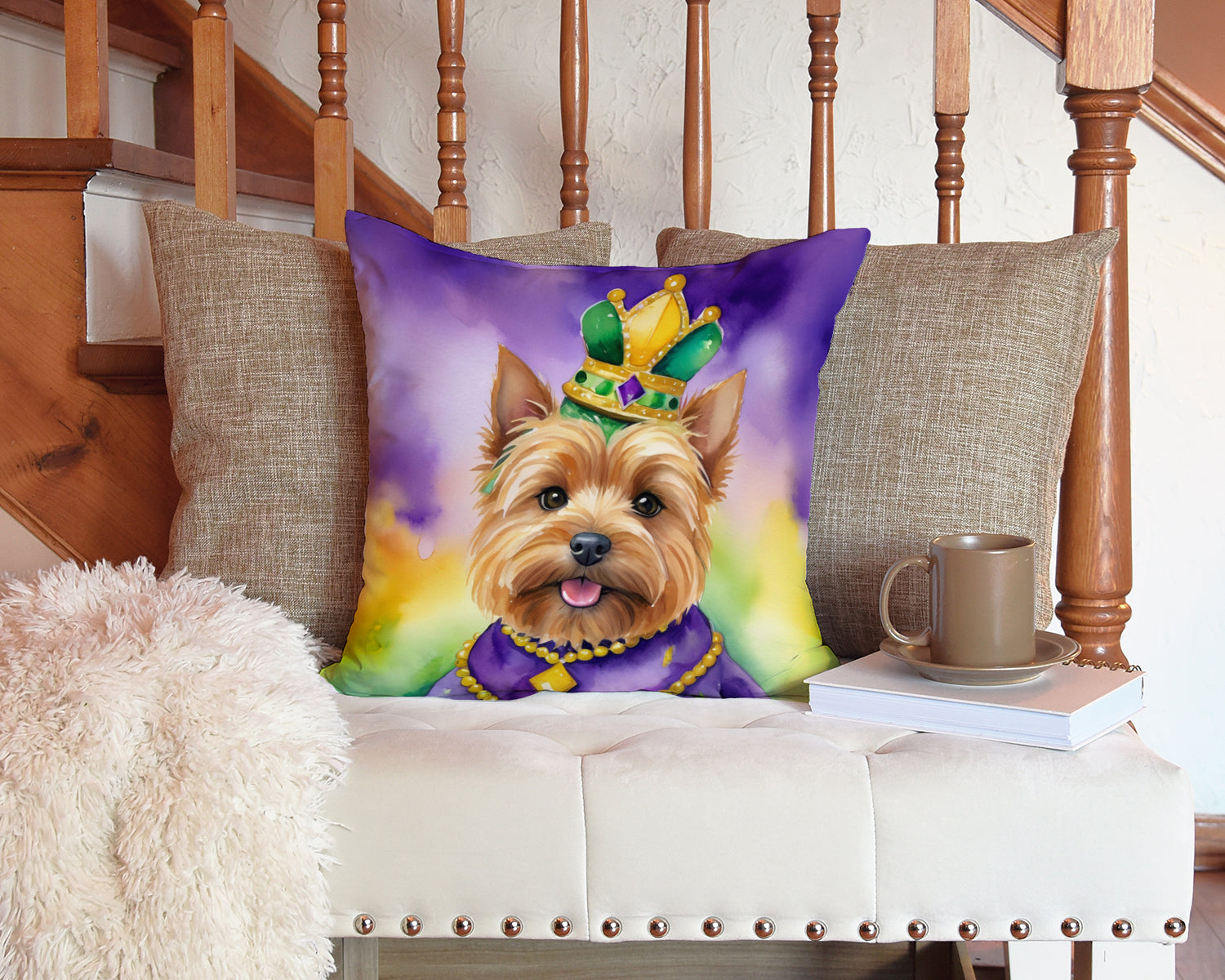 Norwich Terrier King of Mardi Gras Decorative Throw Pillow 14x14 Indoor Outdoor Accent Cushion, Fabric Cover with Insert for Sofa, Bed, Porch & Living Room
