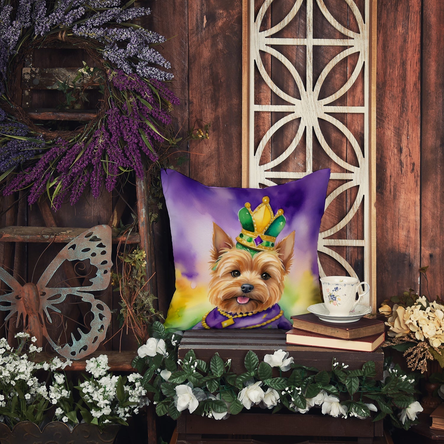 Norwich Terrier King of Mardi Gras Decorative Throw Pillow 14x14 Indoor Outdoor Accent Cushion, Fabric Cover with Insert for Sofa, Bed, Porch & Living Room
