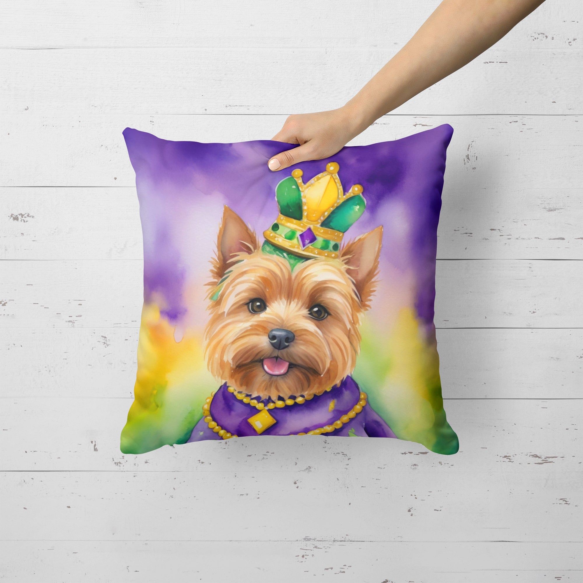 Norwich Terrier King of Mardi Gras Decorative Throw Pillow 18x18 Indoor Outdoor Accent Cushion, Fabric Cover with Insert for Sofa, Bed, Porch & Living Room