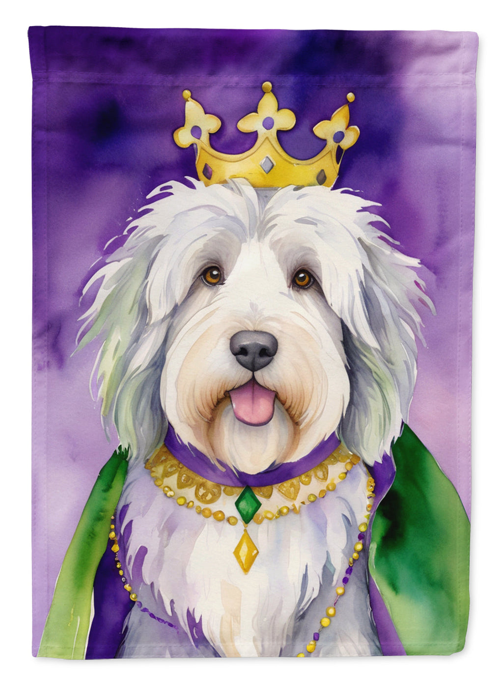 Old English Sheepdog King of Mardi Gras House Flag 28x40 Porch Sleeve Pole Decorative Outside Yard Banner Artwork Wall Hanging, Polyester