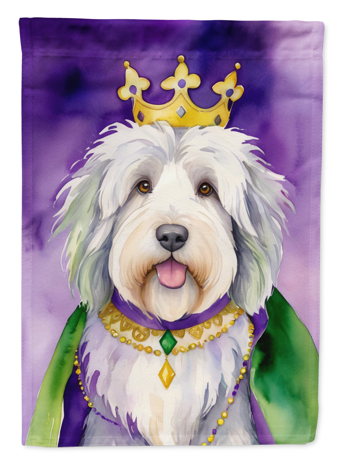 Old English Sheepdog King of Mardi Gras House Flag 28x40 Porch Sleeve Pole Decorative Outside Yard Banner Artwork Wall Hanging, Polyester