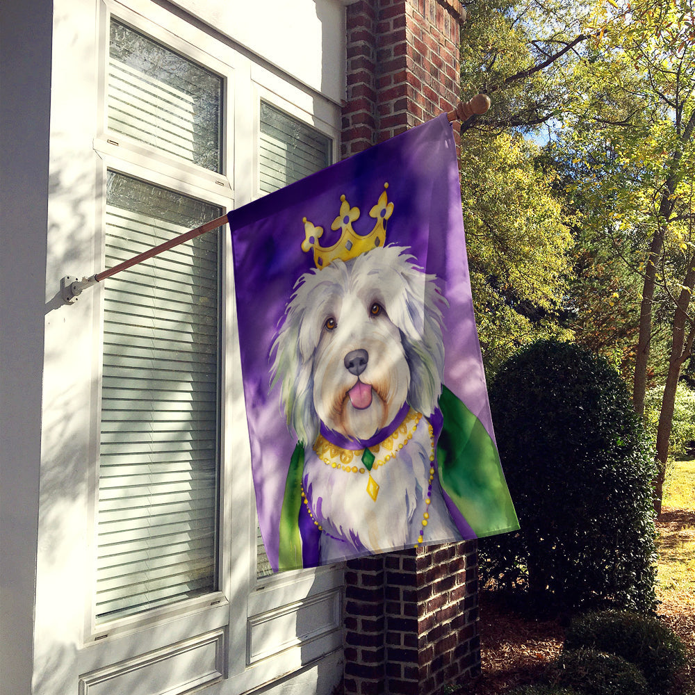 Old English Sheepdog King of Mardi Gras House Flag 28x40 Porch Sleeve Pole Decorative Outside Yard Banner Artwork Wall Hanging, Polyester
