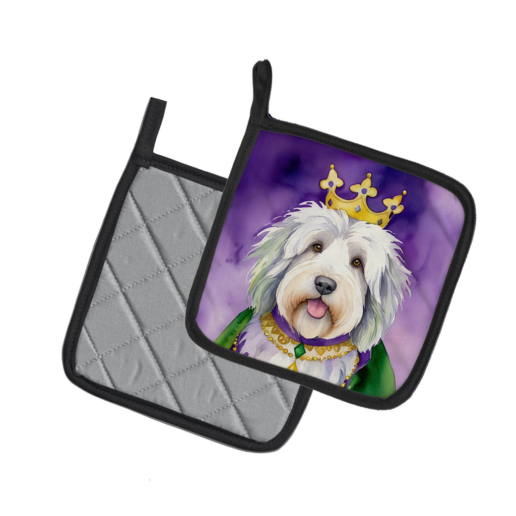 Old English Sheepdog King of Mardi Gras Pot Holder Set of 2 Heat Resistant Quilted Hot Pads 7.5 x 7.5 Inch, Insulated Kitchen Trivets for Cooking & Baking
