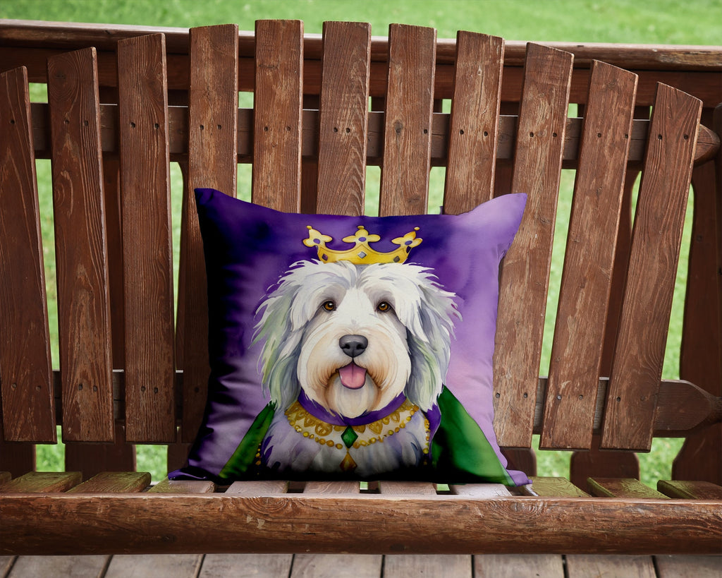 Old English Sheepdog King of Mardi Gras Decorative Throw Pillow 14x14 Indoor Outdoor Accent Cushion, Fabric Cover with Insert for Sofa, Bed, Porch & Living Room