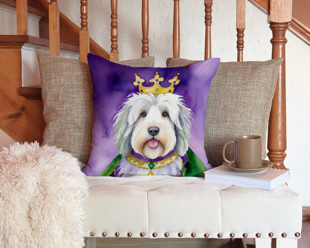 Old English Sheepdog King of Mardi Gras Decorative Throw Pillow 14x14 Indoor Outdoor Accent Cushion, Fabric Cover with Insert for Sofa, Bed, Porch & Living Room