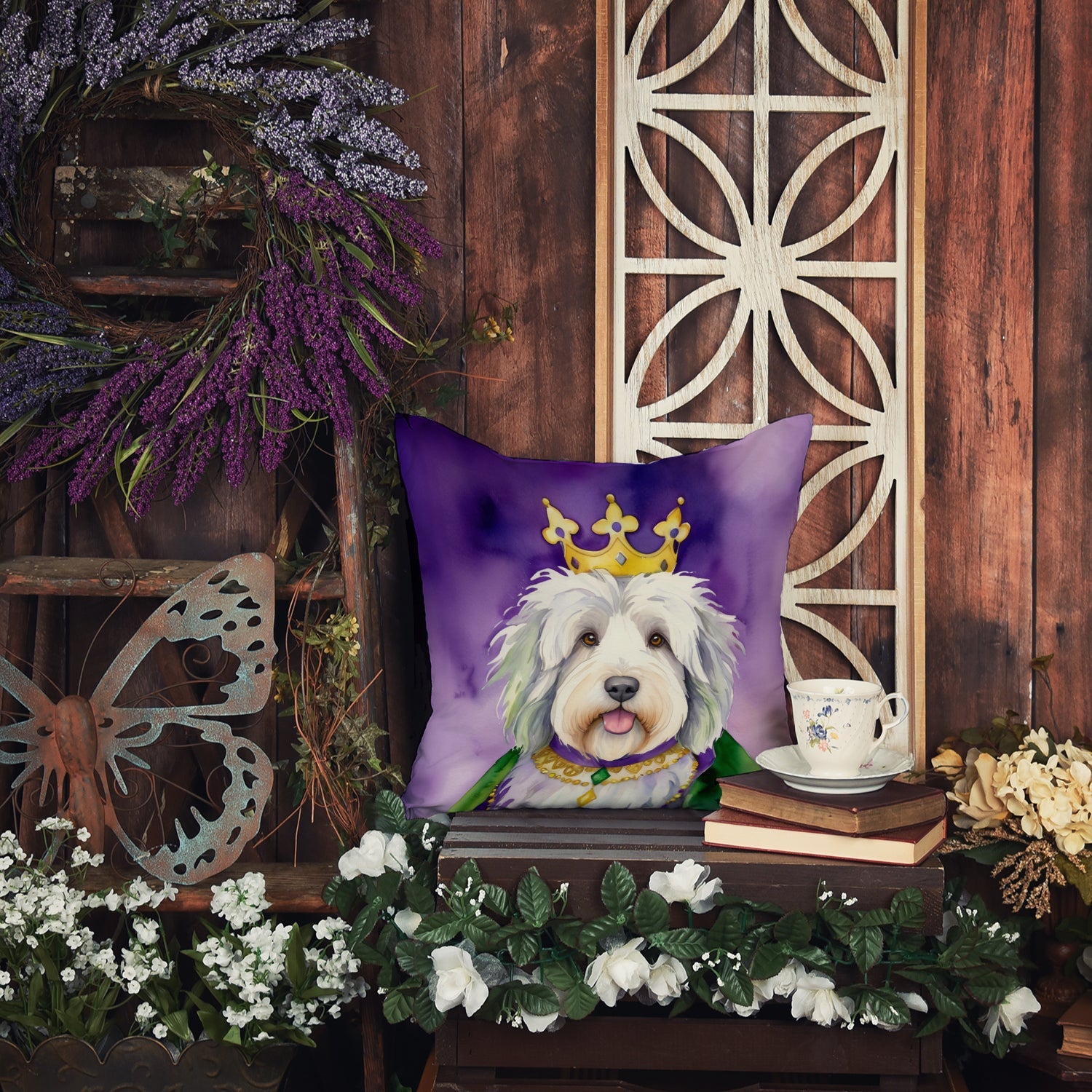 Old English Sheepdog King of Mardi Gras Decorative Throw Pillow 14x14 Indoor Outdoor Accent Cushion, Fabric Cover with Insert for Sofa, Bed, Porch & Living Room