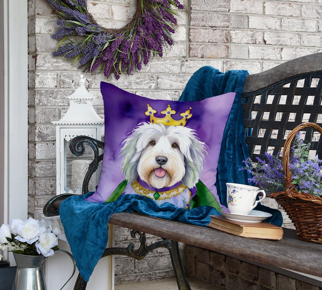 Old English Sheepdog King of Mardi Gras Decorative Throw Pillow 18x18 Indoor Outdoor Accent Cushion, Fabric Cover with Insert for Sofa, Bed, Porch & Living Room