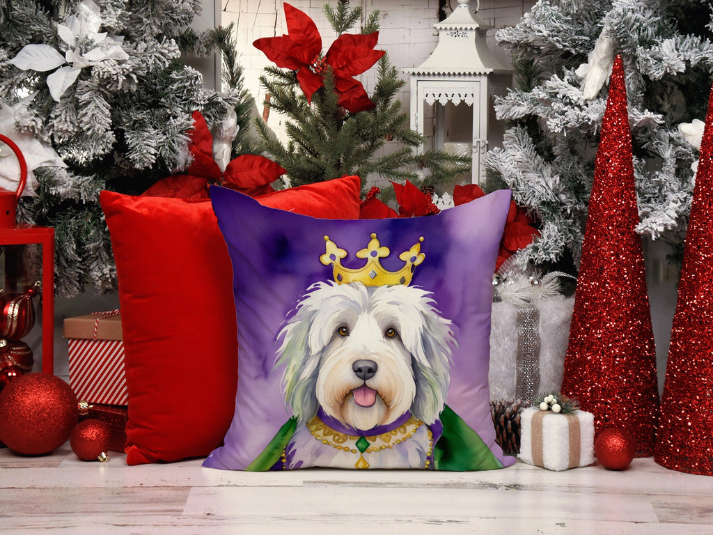 Old English Sheepdog King of Mardi Gras Decorative Throw Pillow 18x18 Indoor Outdoor Accent Cushion, Fabric Cover with Insert for Sofa, Bed, Porch & Living Room