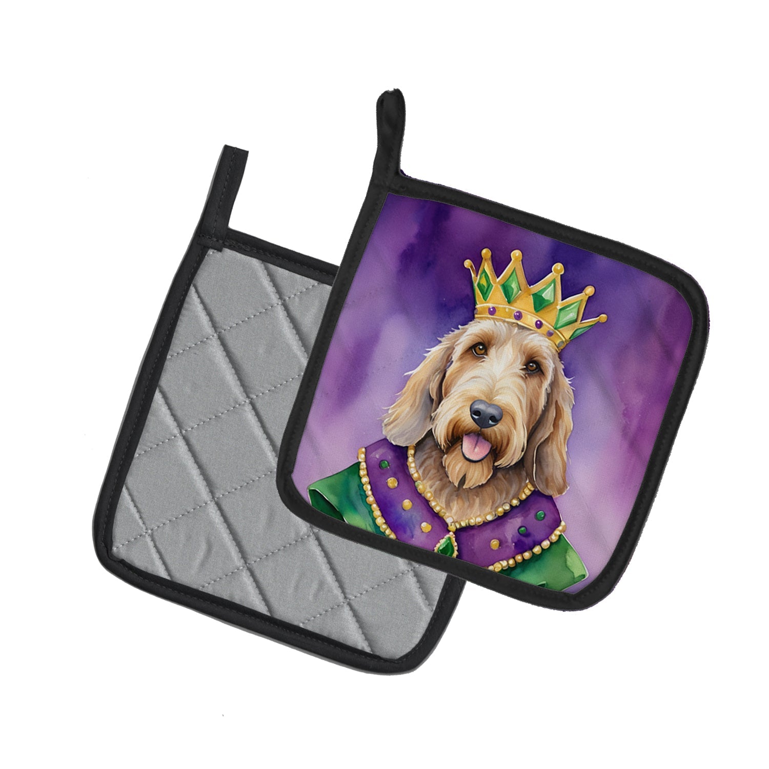 Otterhound King of Mardi Gras Pot Holder Set of 2 Heat Resistant Quilted Hot Pads 7.5 x 7.5 Inch, Insulated Kitchen Trivets for Cooking & Baking