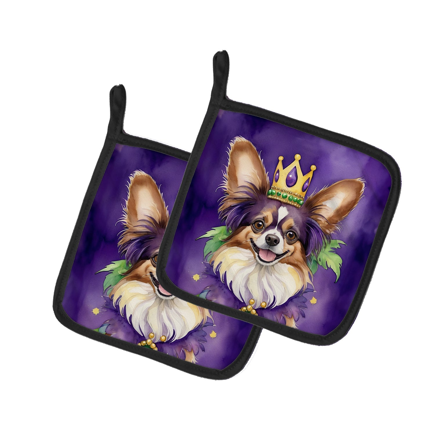 Papillon King of Mardi Gras Pot Holder Set of 2 Heat Resistant Quilted Hot Pads 7.5 x 7.5 Inch, Insulated Kitchen Trivets for Cooking & Baking