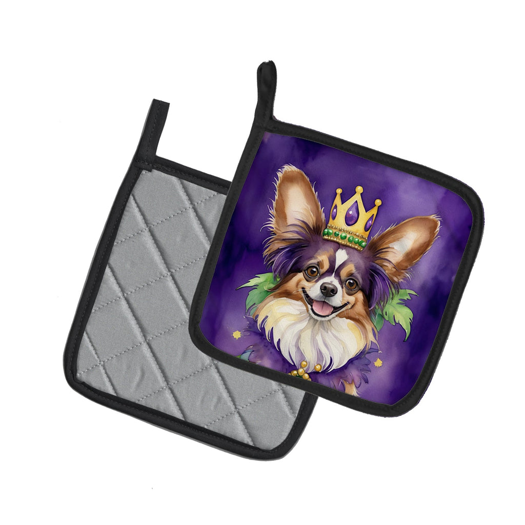 Papillon King of Mardi Gras Pot Holder Set of 2 Heat Resistant Quilted Hot Pads 7.5 x 7.5 Inch, Insulated Kitchen Trivets for Cooking & Baking