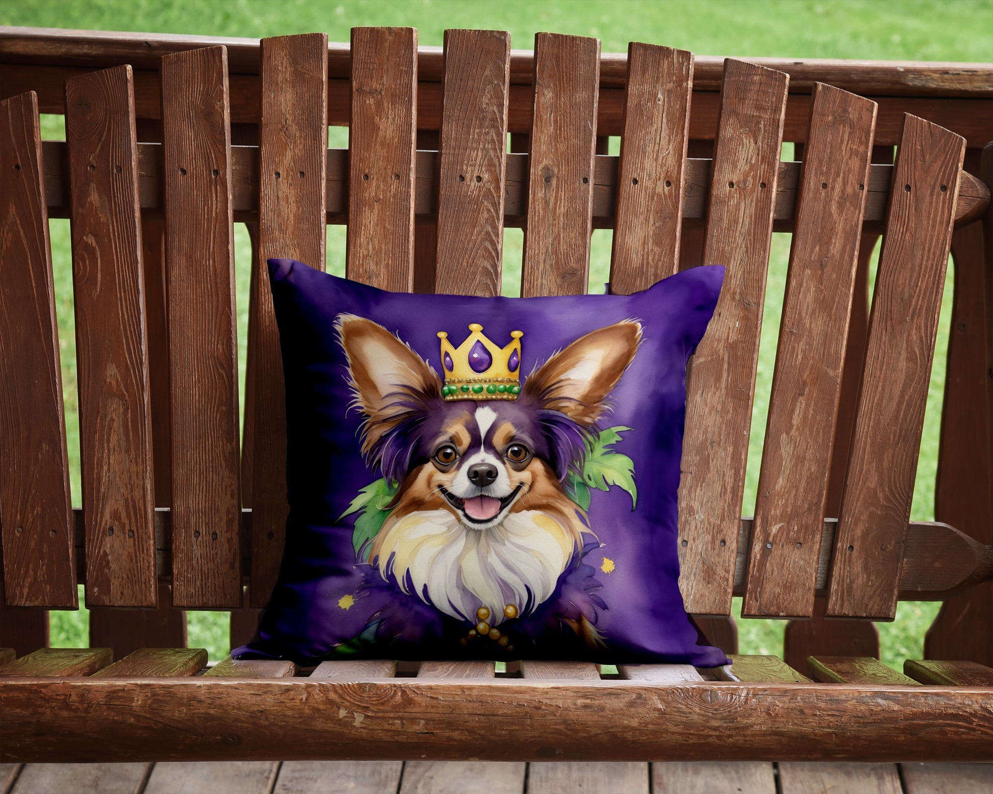 Papillon King of Mardi Gras Decorative Throw Pillow 14x14 Indoor Outdoor Accent Cushion, Fabric Cover with Insert for Sofa, Bed, Porch & Living Room