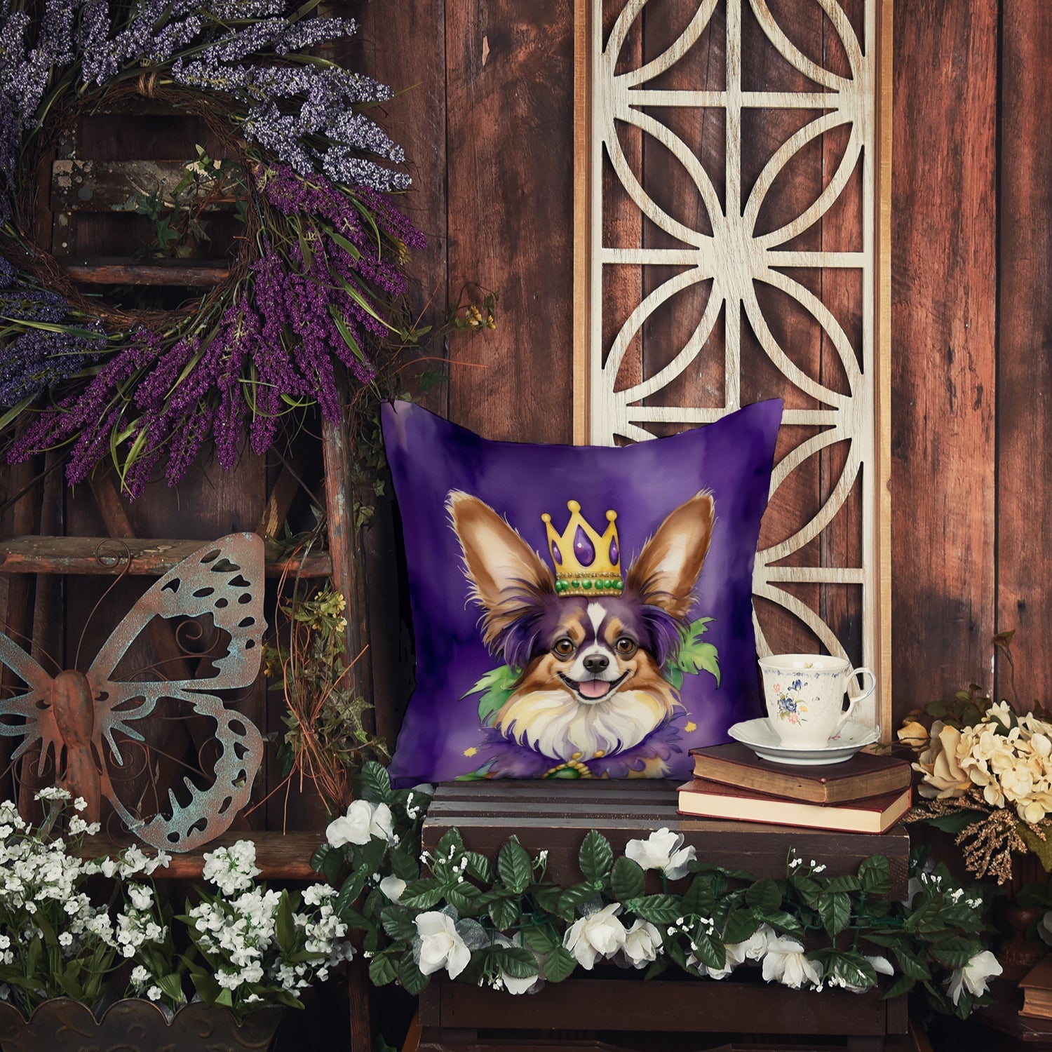 Papillon King of Mardi Gras Decorative Throw Pillow 14x14 Indoor Outdoor Accent Cushion, Fabric Cover with Insert for Sofa, Bed, Porch & Living Room