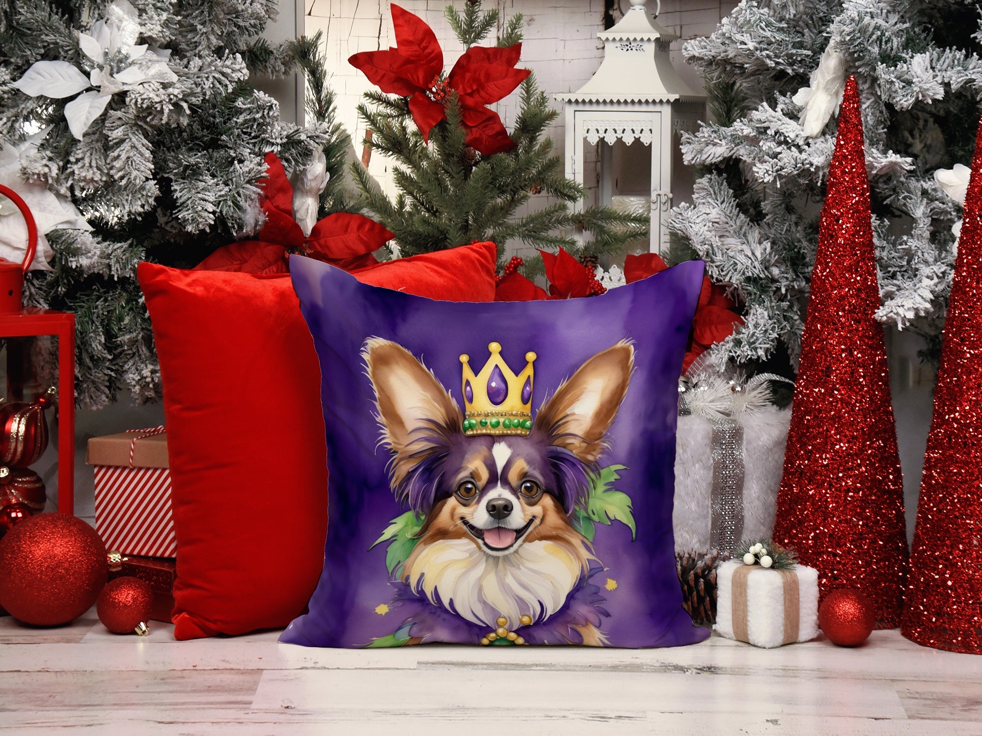 Papillon King of Mardi Gras Decorative Throw Pillow 18x18 Indoor Outdoor Accent Cushion, Fabric Cover with Insert for Sofa, Bed, Porch & Living Room