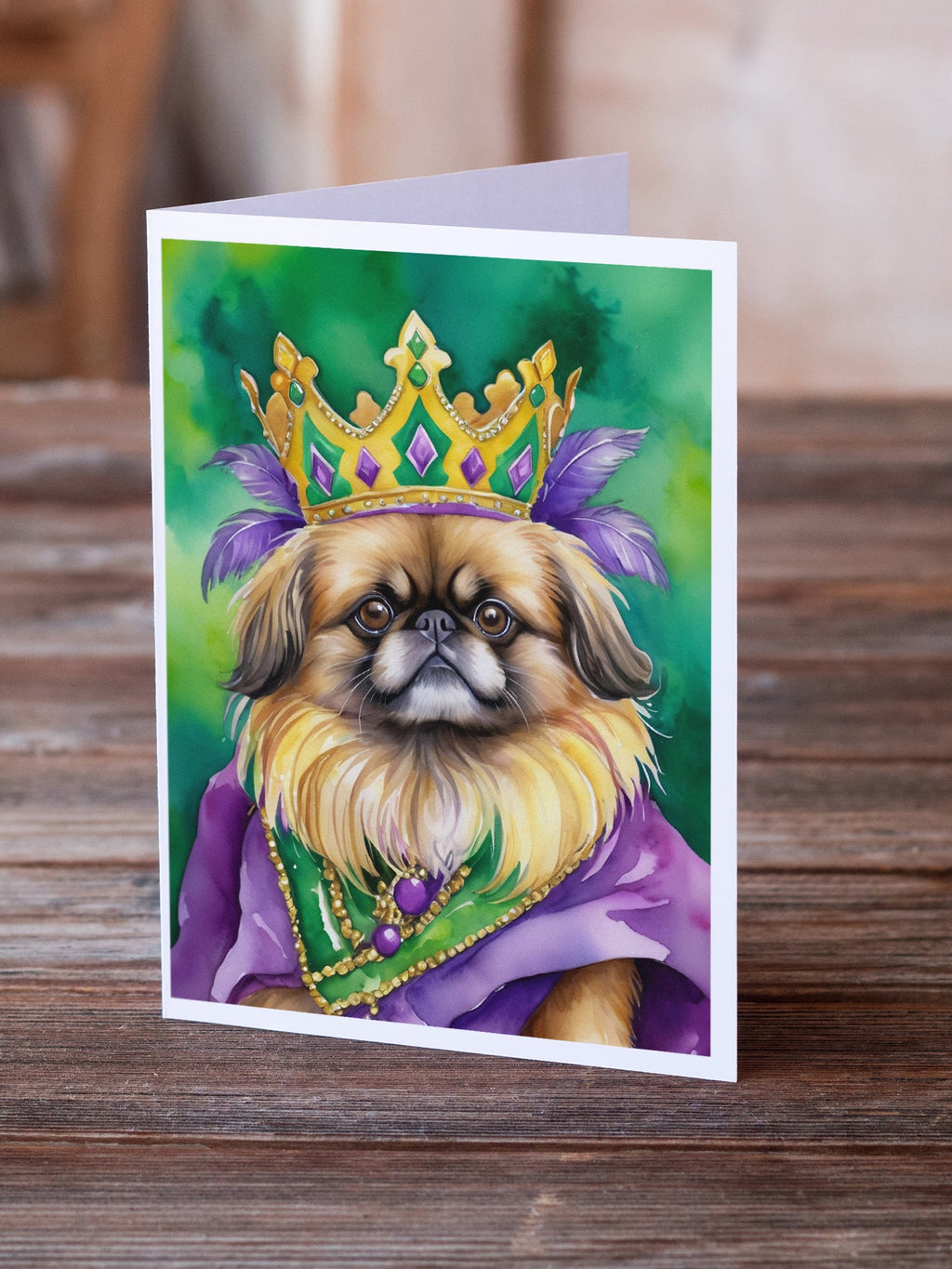 Pekingese King of Mardi Gras Greeting Cards Pack of 8 Blank Cards with Envelopes Whimsical A7 Size 5x7