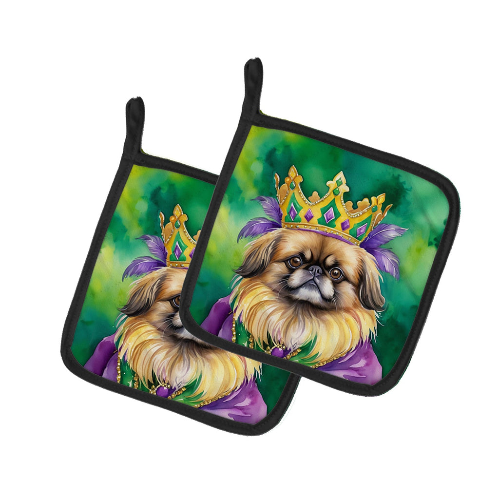Pekingese King of Mardi Gras Pot Holder Set of 2 Heat Resistant Quilted Hot Pads 7.5 x 7.5 Inch, Insulated Kitchen Trivets for Cooking & Baking