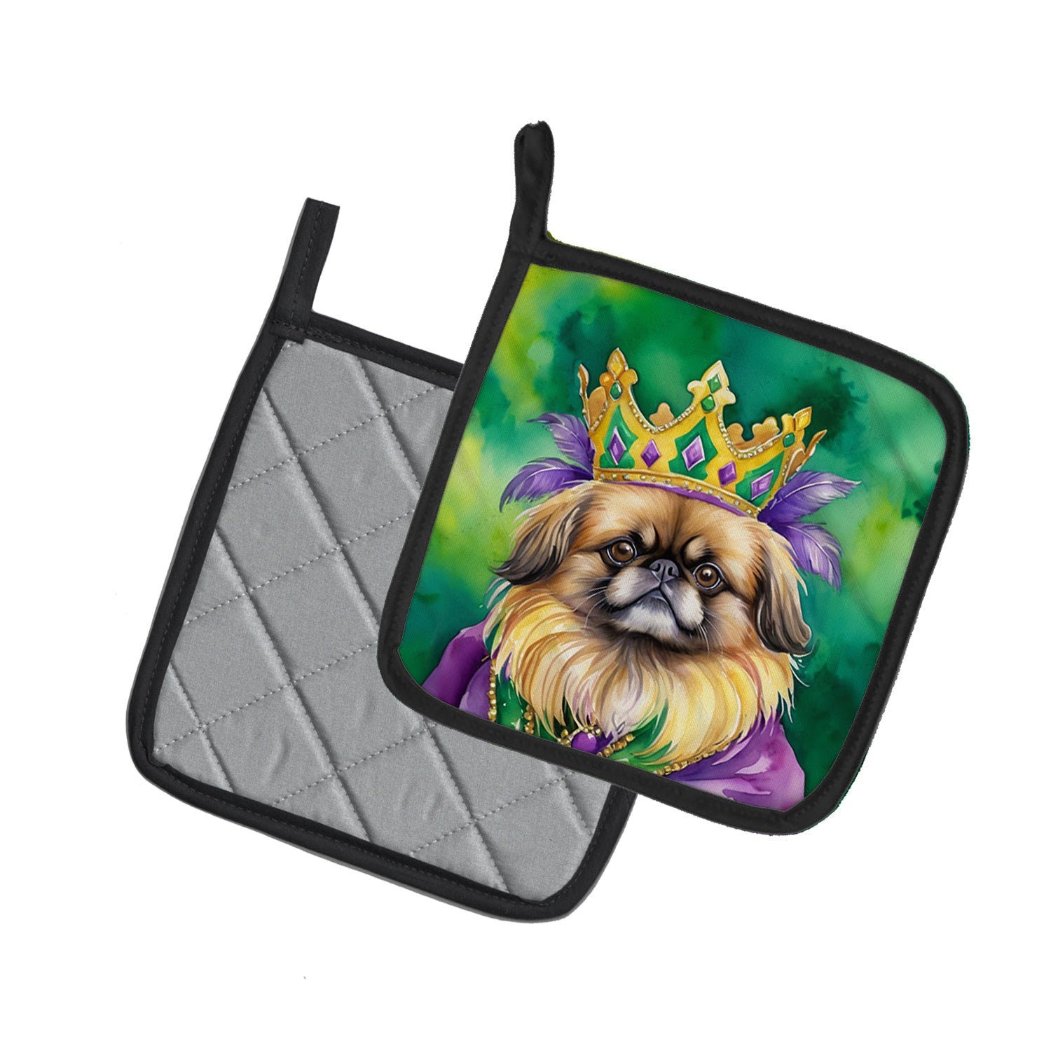 Pekingese King of Mardi Gras Pot Holder Set of 2 Heat Resistant Quilted Hot Pads 7.5 x 7.5 Inch, Insulated Kitchen Trivets for Cooking & Baking