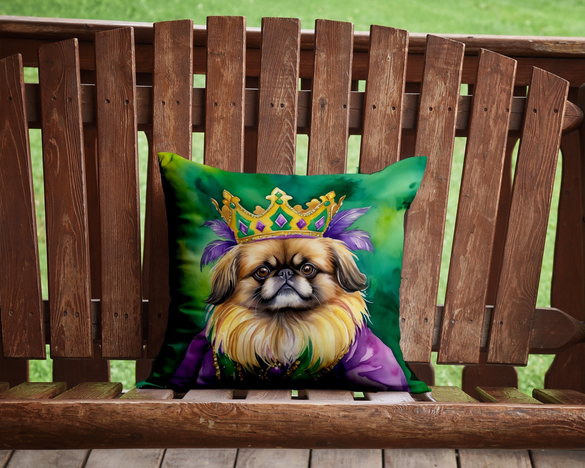 Pekingese King of Mardi Gras Decorative Throw Pillow 14x14 Indoor Outdoor Accent Cushion, Fabric Cover with Insert for Sofa, Bed, Porch & Living Room