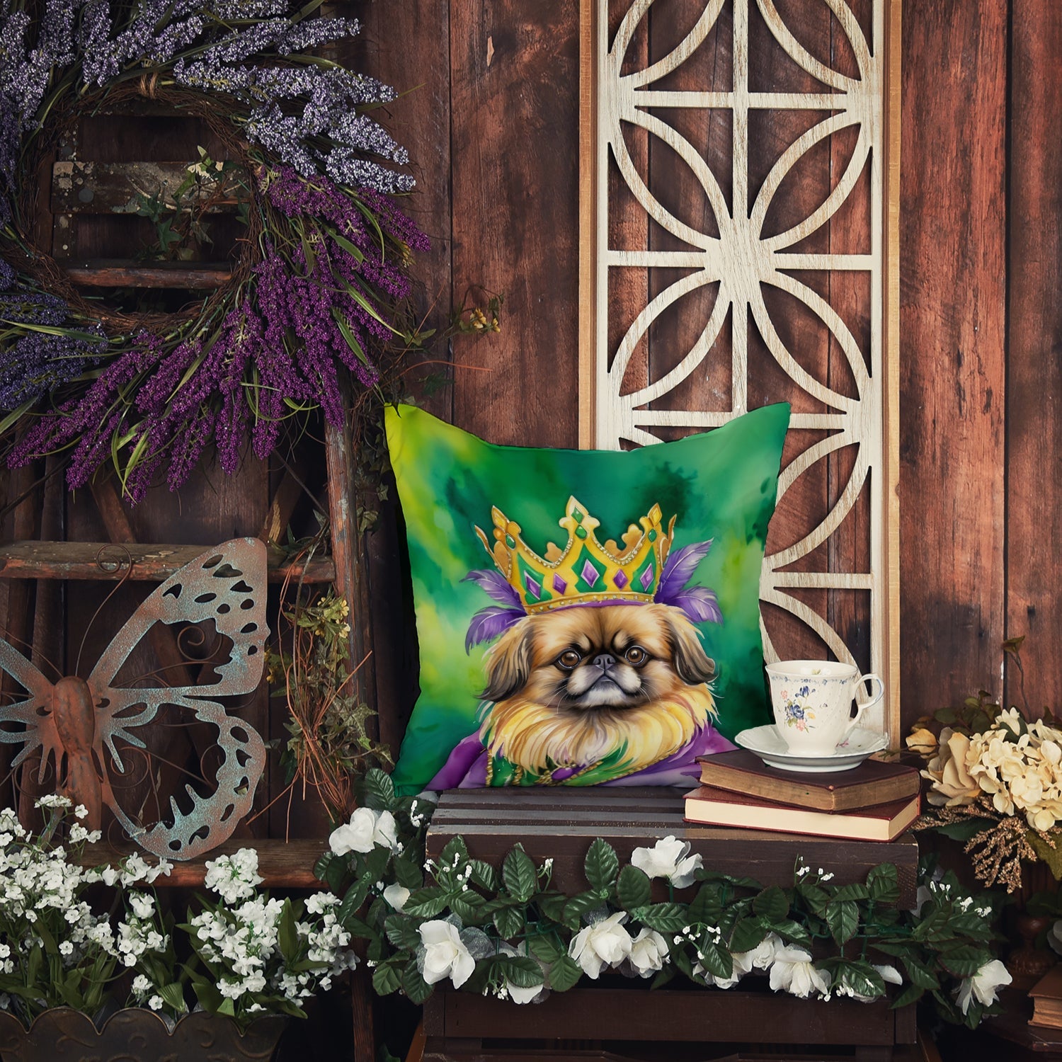 Pekingese King of Mardi Gras Decorative Throw Pillow 14x14 Indoor Outdoor Accent Cushion, Fabric Cover with Insert for Sofa, Bed, Porch & Living Room