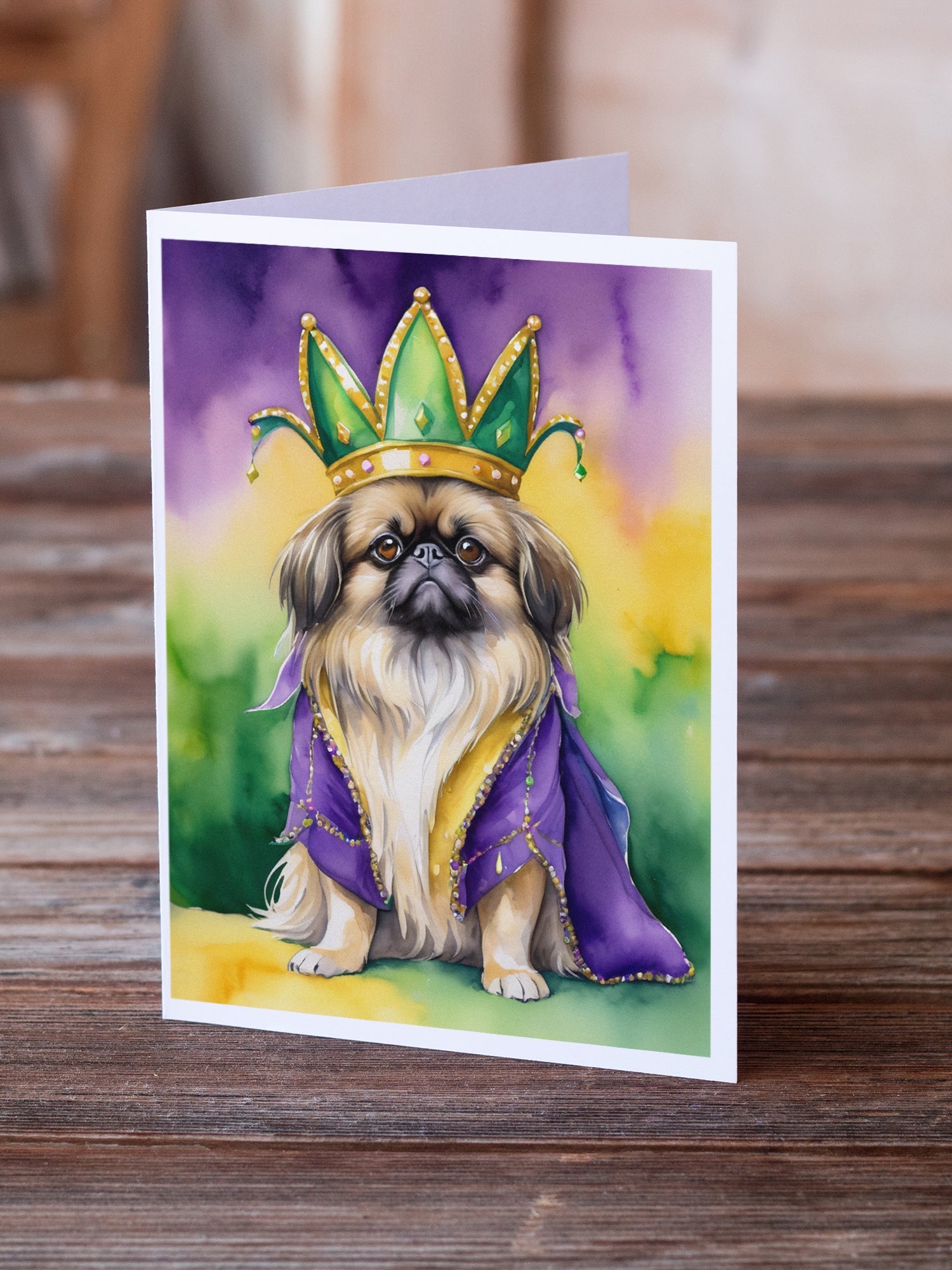 Pekingese King of Mardi Gras Greeting Cards Pack of 8 Blank Cards with Envelopes Whimsical A7 Size 5x7