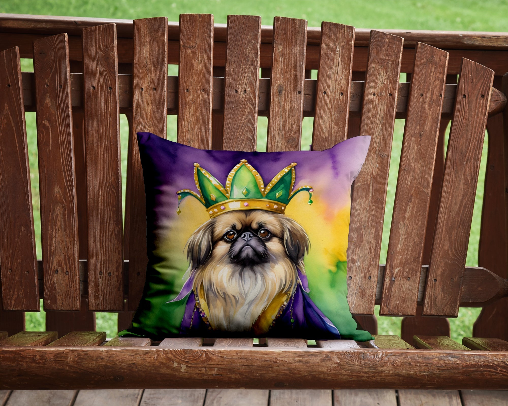 Pekingese King of Mardi Gras Decorative Throw Pillow 14x14 Indoor Outdoor Accent Cushion, Fabric Cover with Insert for Sofa, Bed, Porch & Living Room