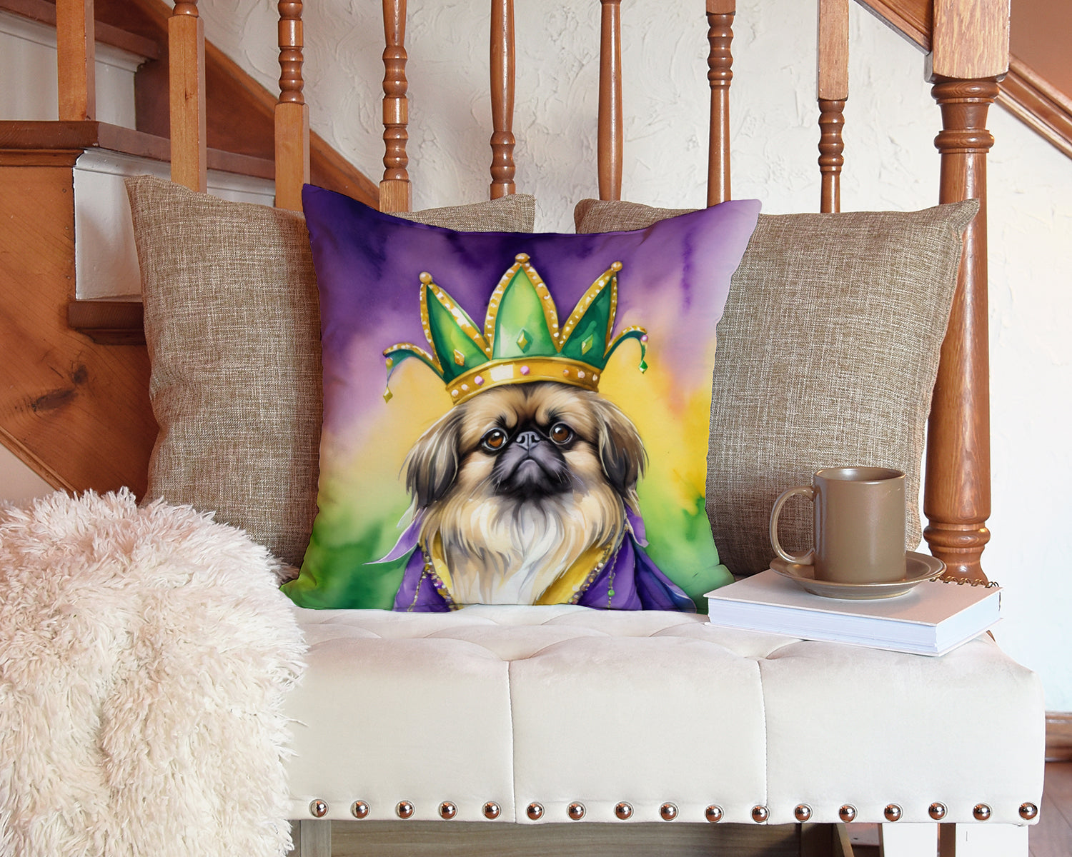 Pekingese King of Mardi Gras Decorative Throw Pillow 14x14 Indoor Outdoor Accent Cushion, Fabric Cover with Insert for Sofa, Bed, Porch & Living Room