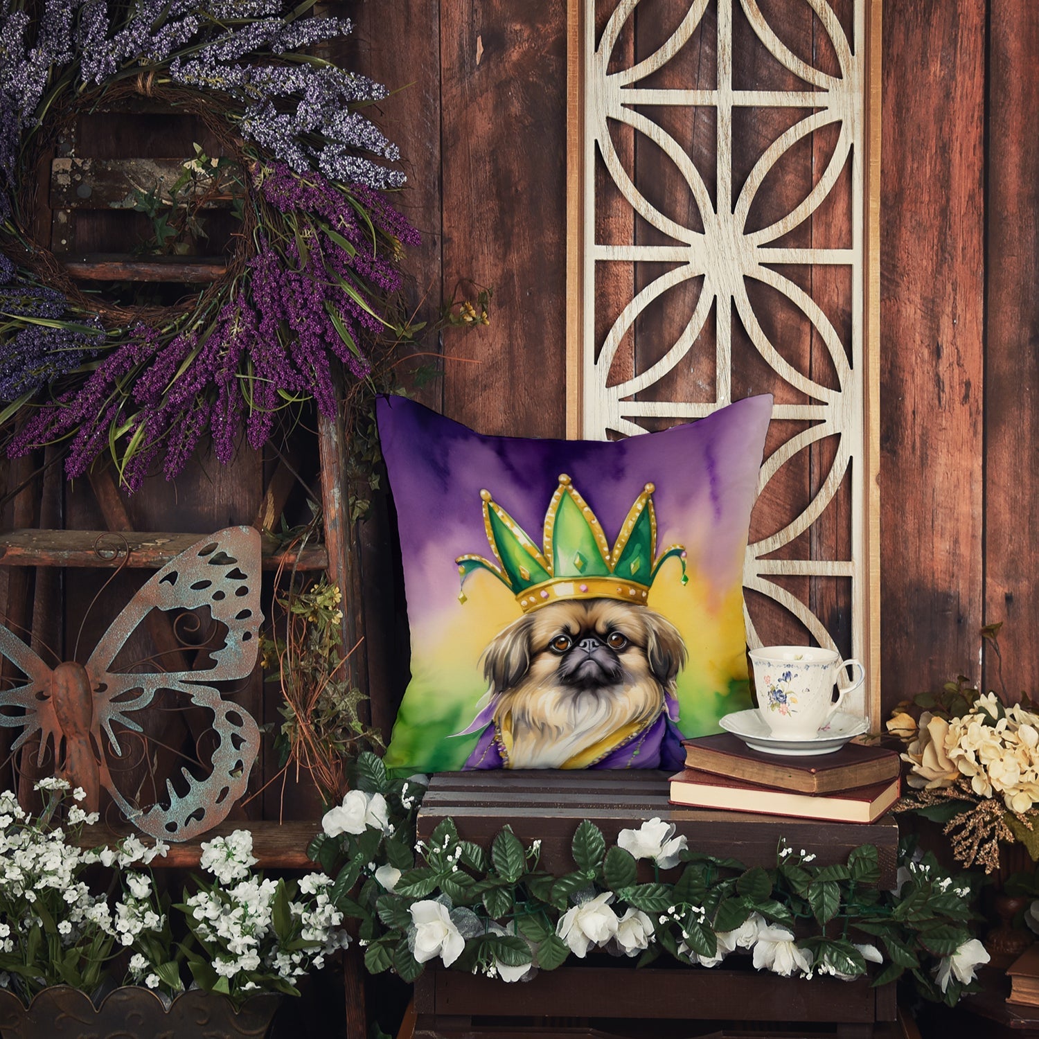 Pekingese King of Mardi Gras Decorative Throw Pillow 14x14 Indoor Outdoor Accent Cushion, Fabric Cover with Insert for Sofa, Bed, Porch & Living Room