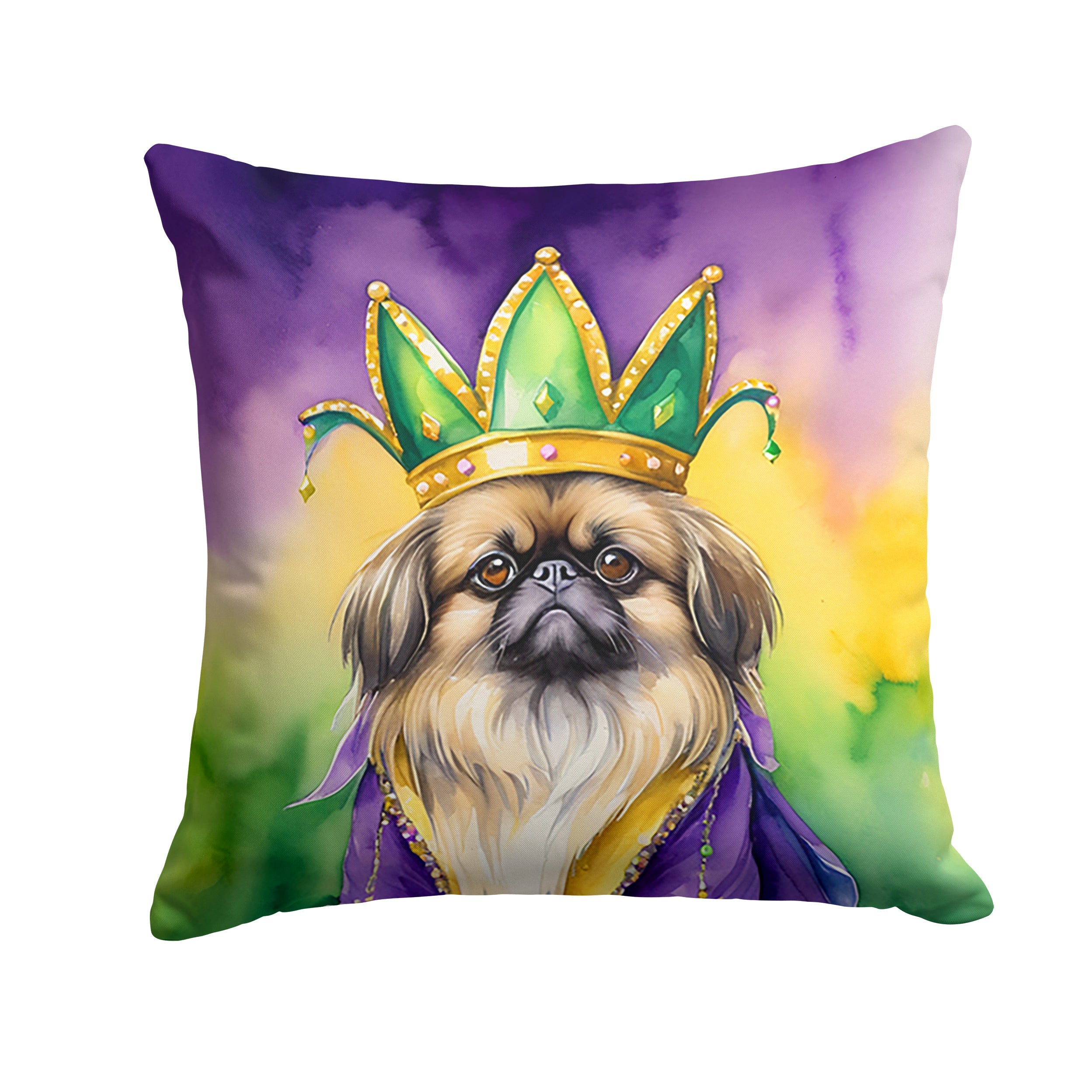 Pekingese King of Mardi Gras Decorative Throw Pillow 18x18 Indoor Outdoor Accent Cushion, Fabric Cover with Insert for Sofa, Bed, Porch & Living Room
