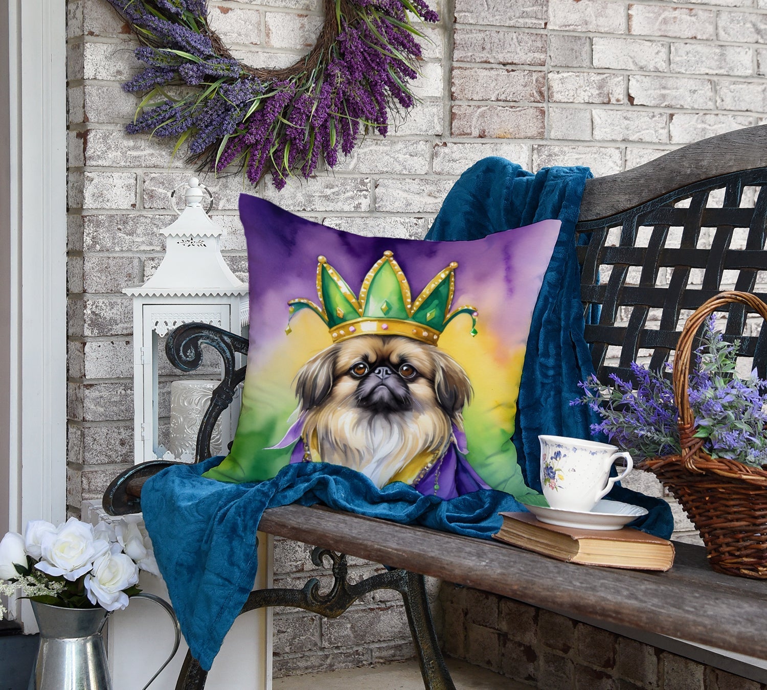 Pekingese King of Mardi Gras Decorative Throw Pillow 18x18 Indoor Outdoor Accent Cushion, Fabric Cover with Insert for Sofa, Bed, Porch & Living Room