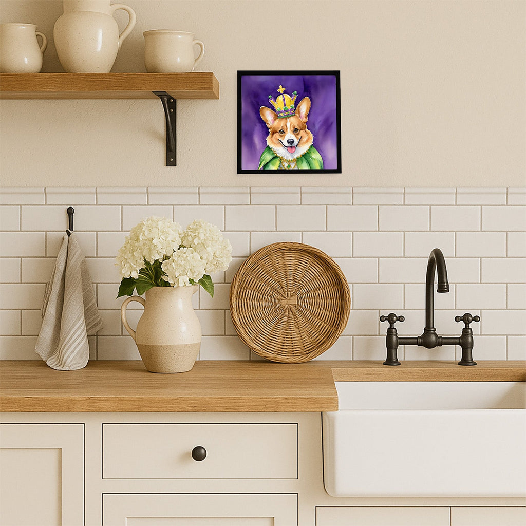Corgi King of Mardi Gras Framed Metal Print Bathroom, Kitchen, Office, Home Decor Wall Art Ready to Hang, Square, 8X8