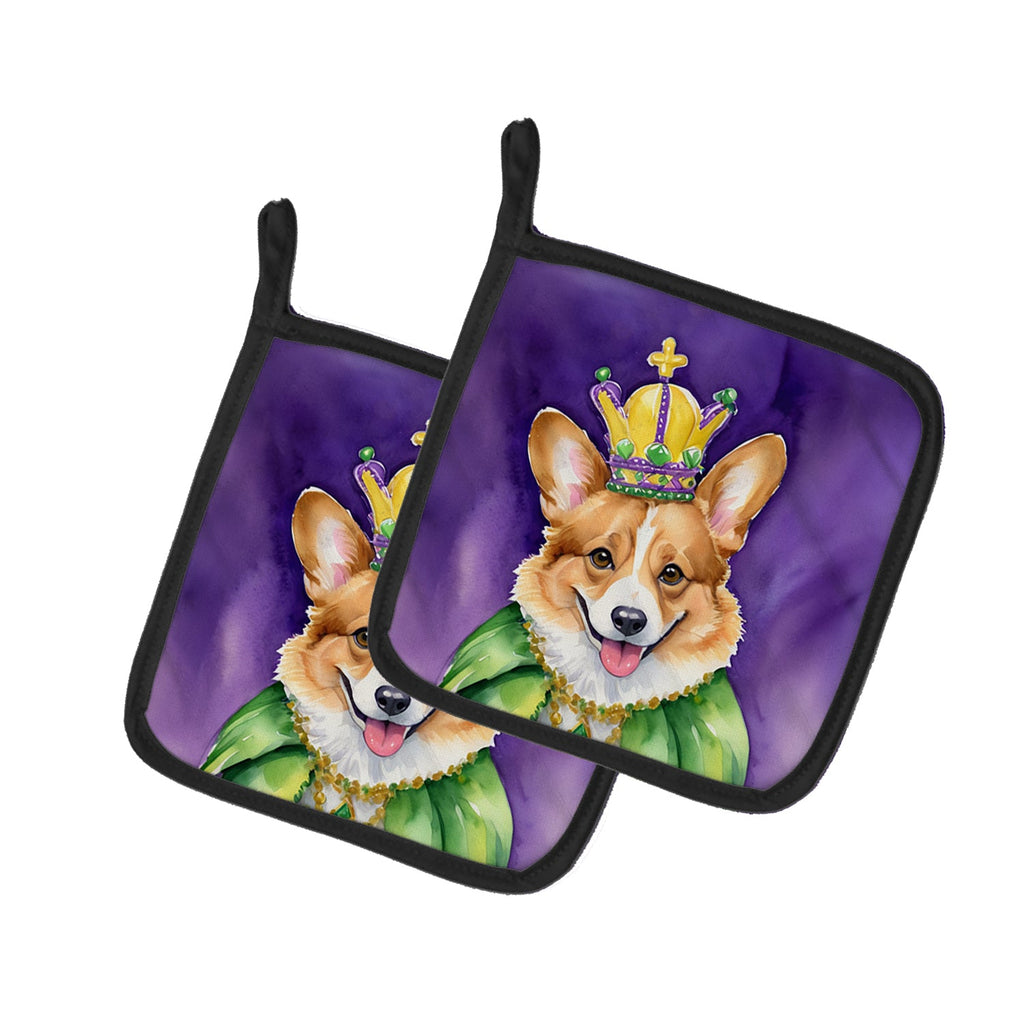 Corgi King of Mardi Gras Pot Holder Set of 2 Heat Resistant Quilted Hot Pads 7.5 x 7.5 Inch, Insulated Kitchen Trivets for Cooking & Baking
