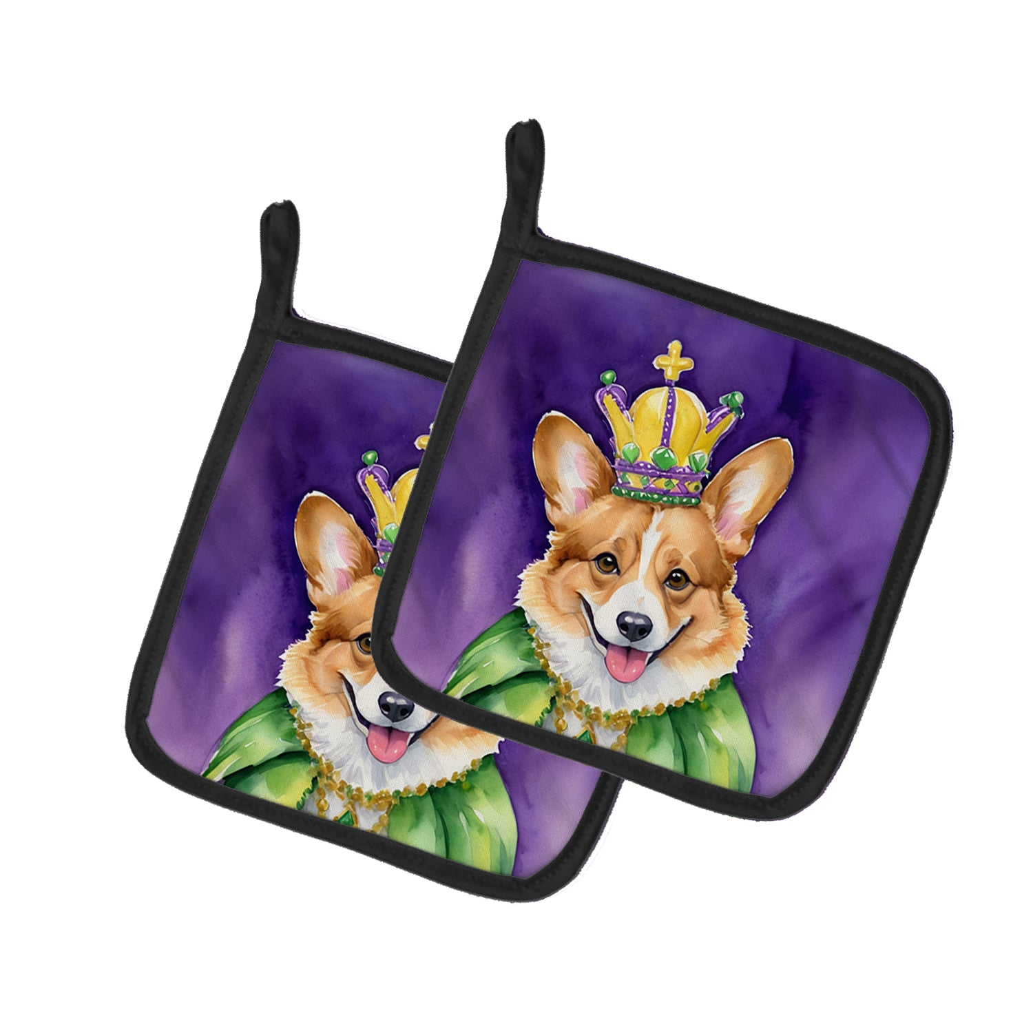 Corgi King of Mardi Gras Pot Holder Set of 2 Heat Resistant Quilted Hot Pads 7.5 x 7.5 Inch, Insulated Kitchen Trivets for Cooking & Baking