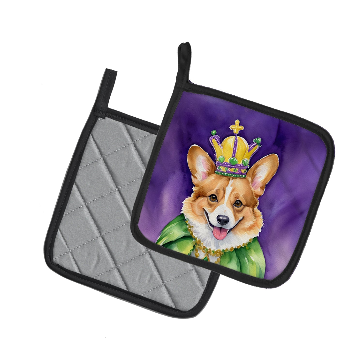 Corgi King of Mardi Gras Pot Holder Set of 2 Heat Resistant Quilted Hot Pads 7.5 x 7.5 Inch, Insulated Kitchen Trivets for Cooking & Baking