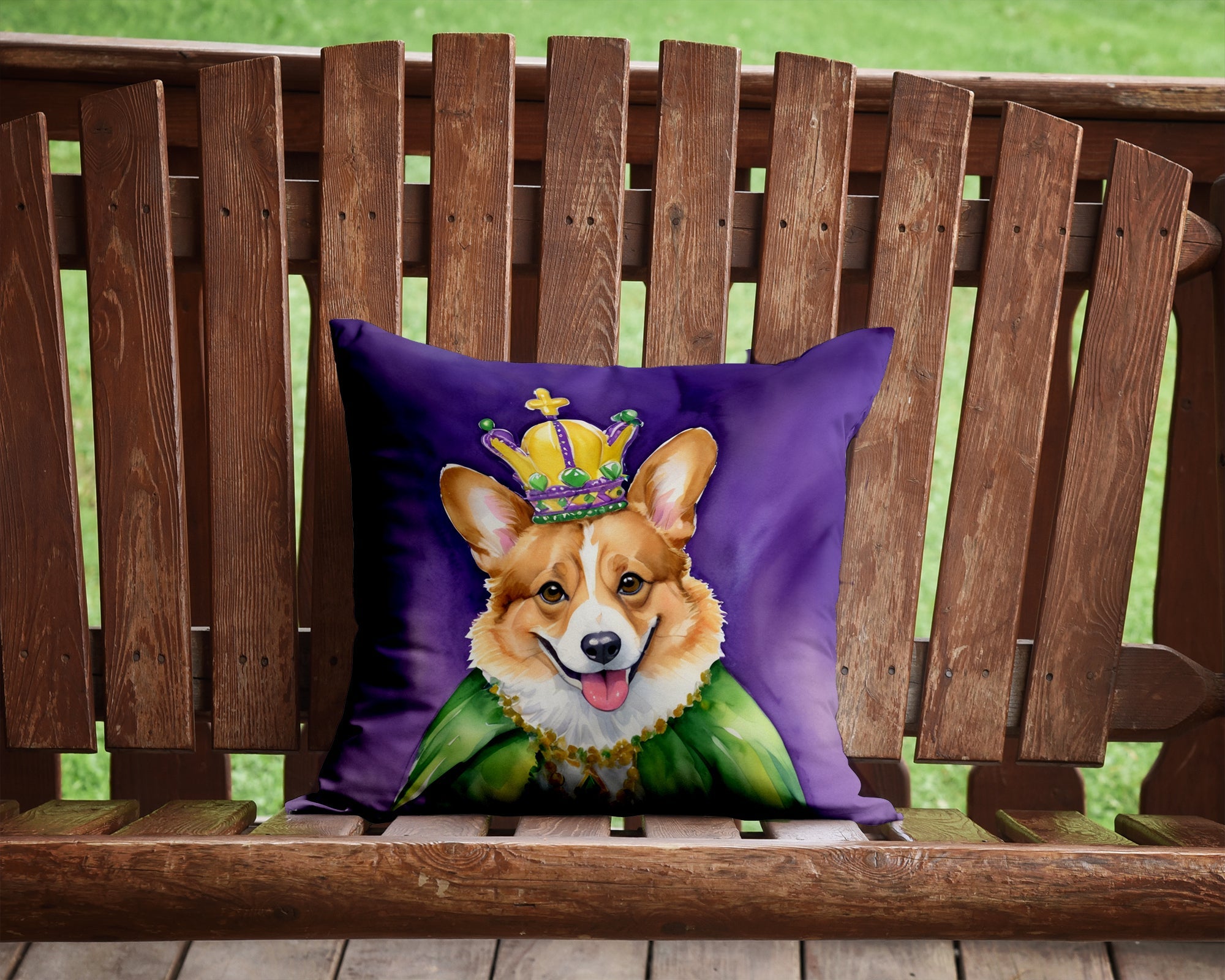 Corgi King of Mardi Gras Decorative Throw Pillow 14x14 Indoor Outdoor Accent Cushion, Fabric Cover with Insert for Sofa, Bed, Porch & Living Room