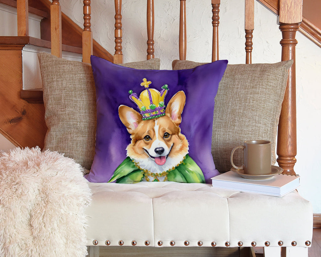 Corgi King of Mardi Gras Decorative Throw Pillow 14x14 Indoor Outdoor Accent Cushion, Fabric Cover with Insert for Sofa, Bed, Porch & Living Room