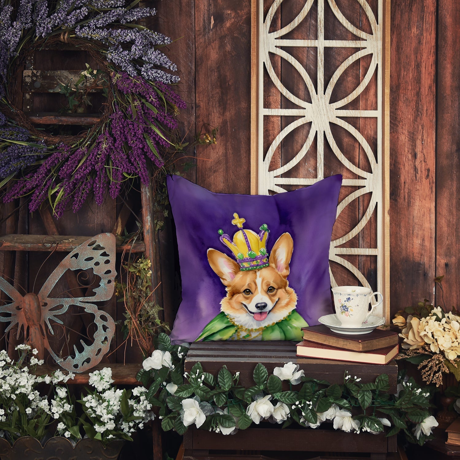 Corgi King of Mardi Gras Decorative Throw Pillow 14x14 Indoor Outdoor Accent Cushion, Fabric Cover with Insert for Sofa, Bed, Porch & Living Room