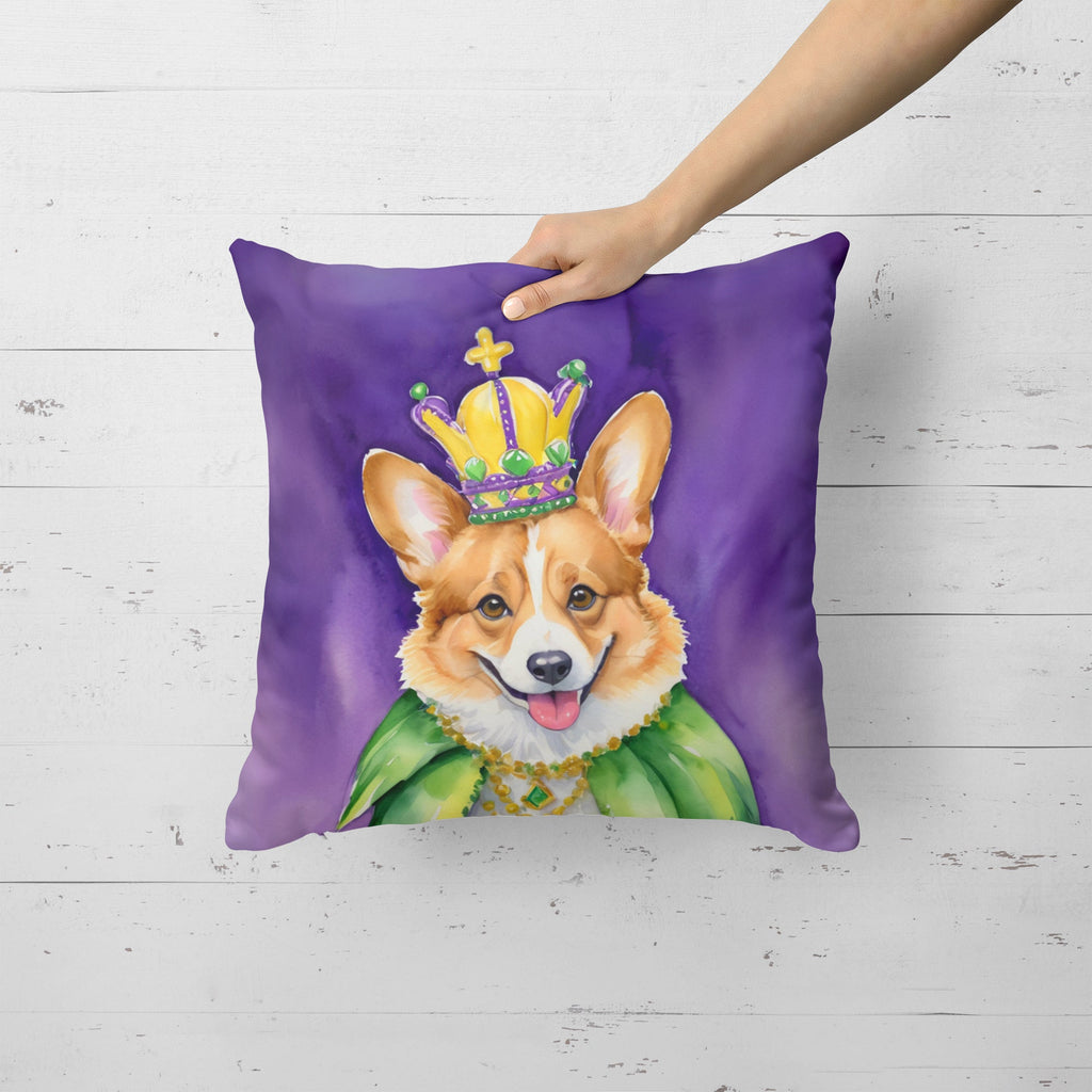 Corgi King of Mardi Gras Decorative Throw Pillow 18x18 Indoor Outdoor Accent Cushion, Fabric Cover with Insert for Sofa, Bed, Porch & Living Room