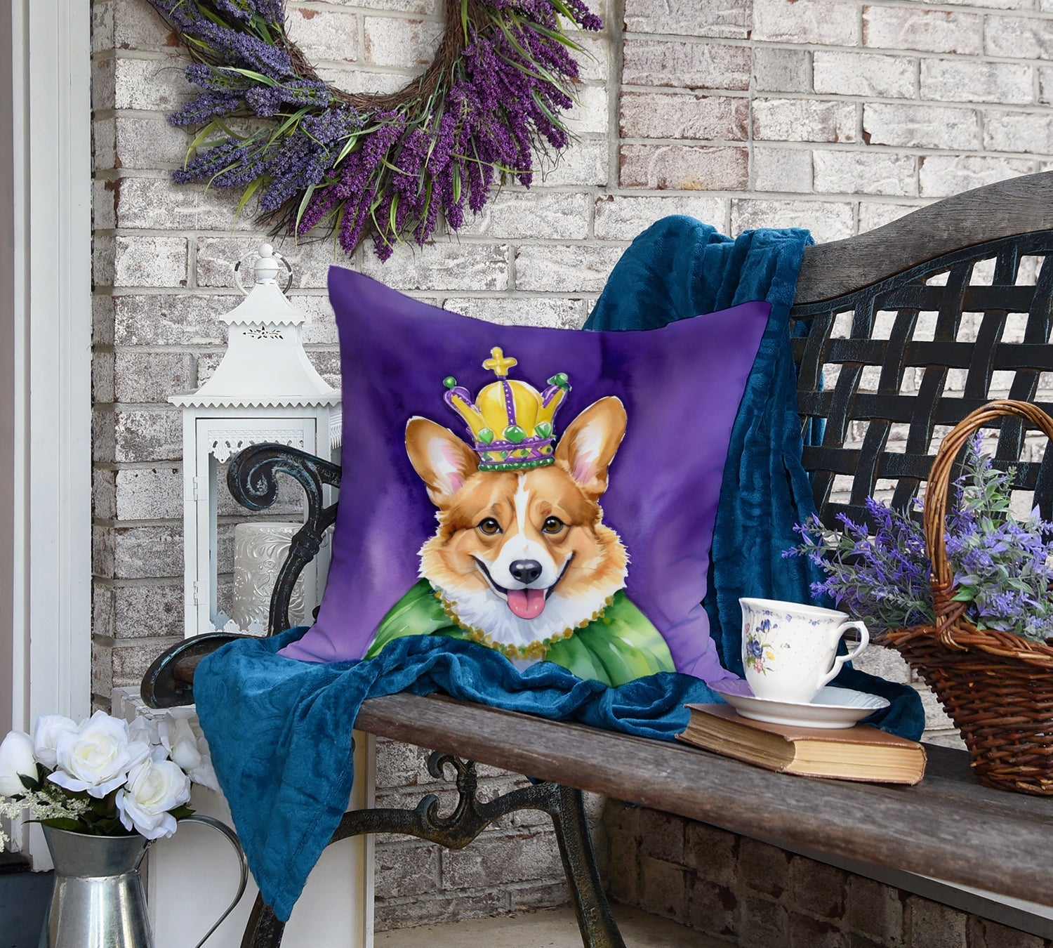 Corgi King of Mardi Gras Decorative Throw Pillow 18x18 Indoor Outdoor Accent Cushion, Fabric Cover with Insert for Sofa, Bed, Porch & Living Room