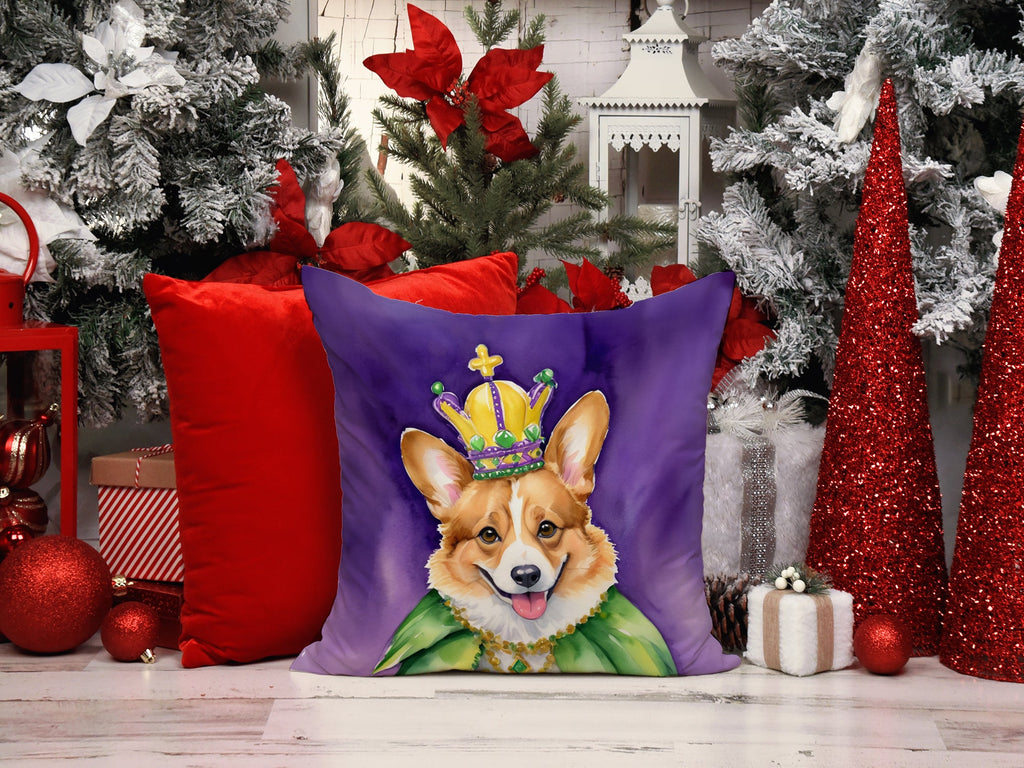 Corgi King of Mardi Gras Decorative Throw Pillow 18x18 Indoor Outdoor Accent Cushion, Fabric Cover with Insert for Sofa, Bed, Porch & Living Room