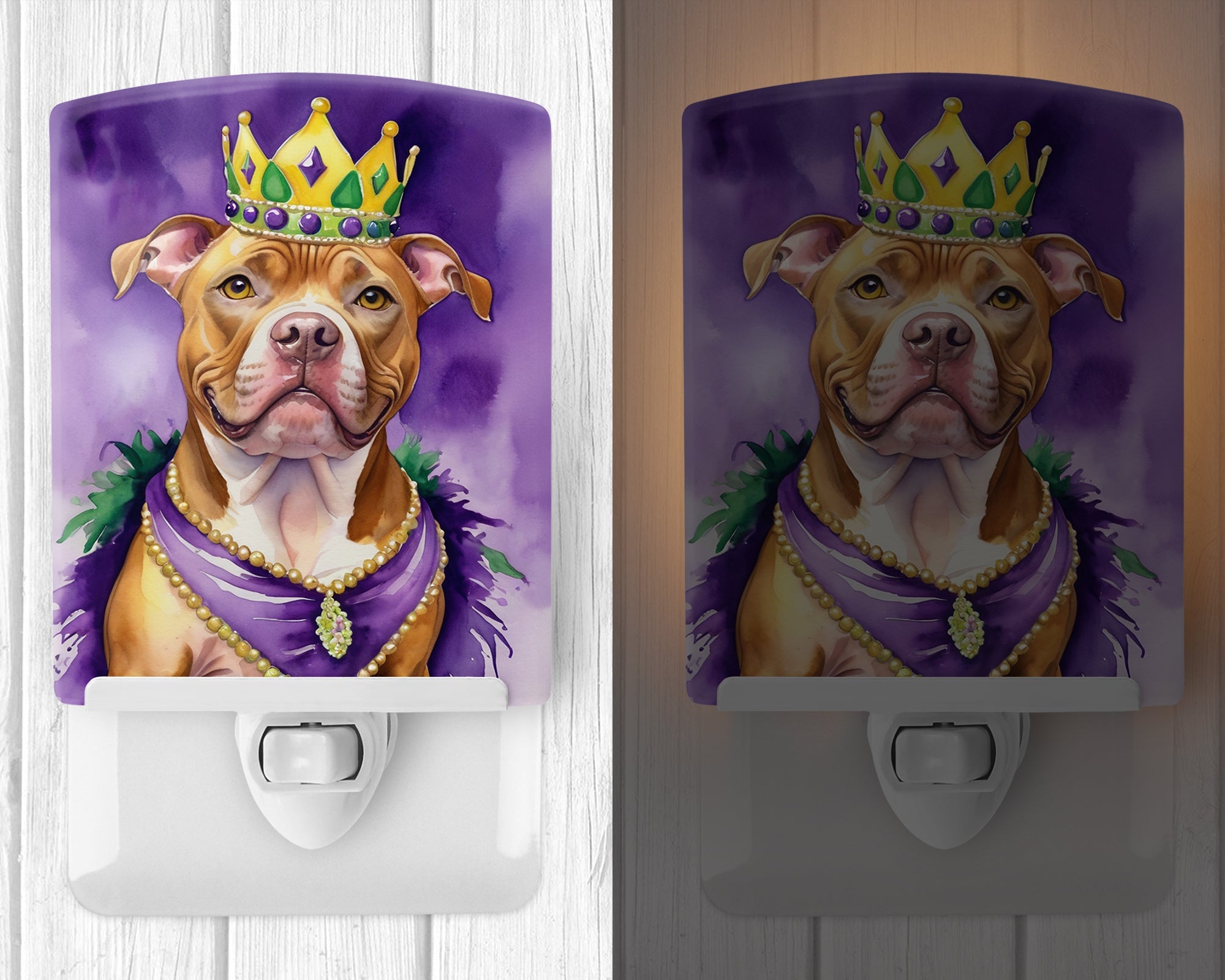 Pit Bull Terrier King of Mardi Gras Ceramic Night Light Compact, UL-Certified, Ideal for Bedroom, Bathroom, Nursery, Hallway, Kitchen, 6x4x3, Multicolor
