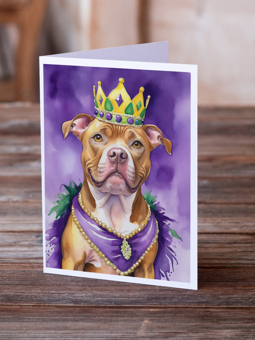 Pit Bull Terrier King of Mardi Gras Greeting Cards Pack of 8 Blank Cards with Envelopes Whimsical A7 Size 5x7