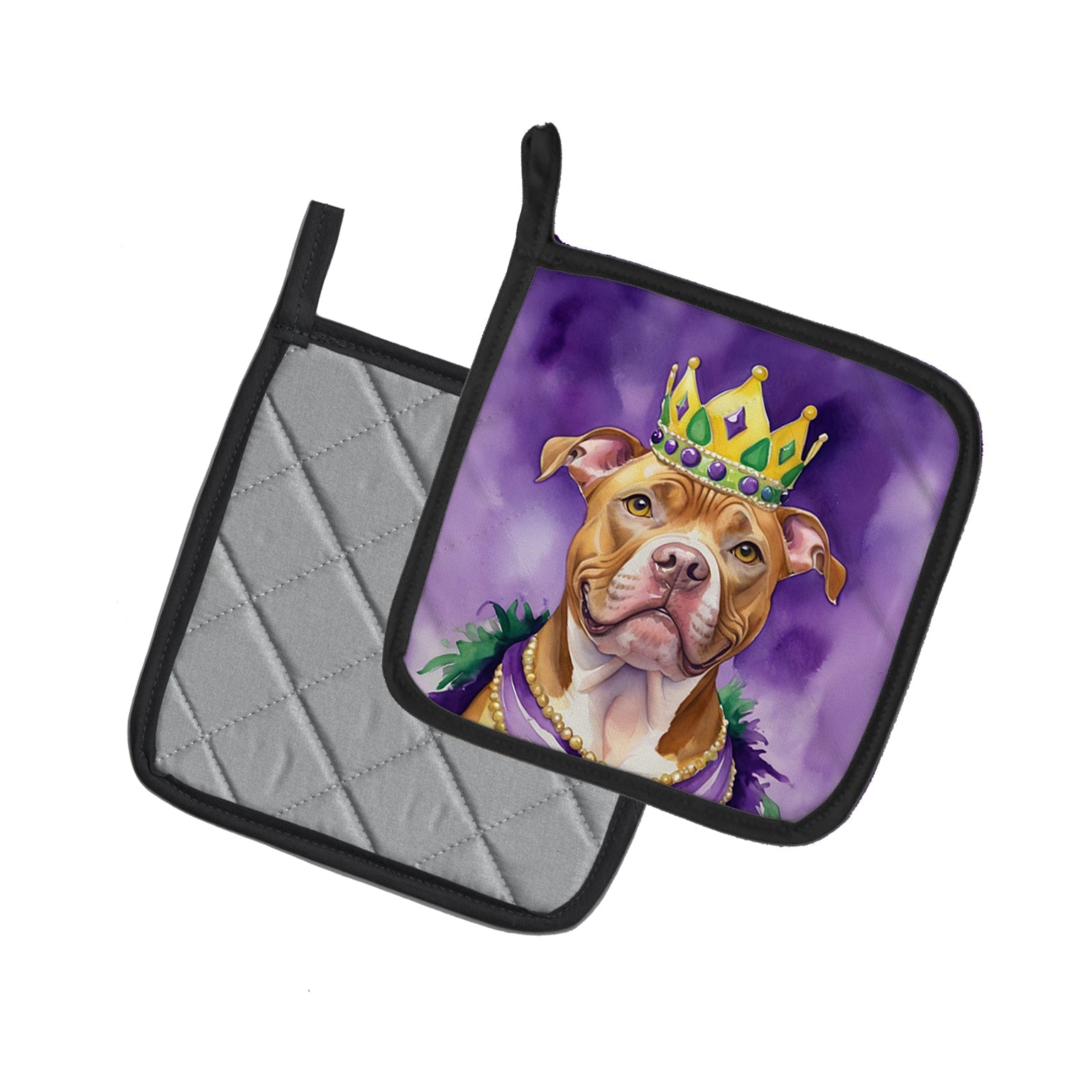 Pit Bull Terrier King of Mardi Gras Pot Holder Set of 2 Heat Resistant Quilted Hot Pads 7.5 x 7.5 Inch, Insulated Kitchen Trivets for Cooking & Baking