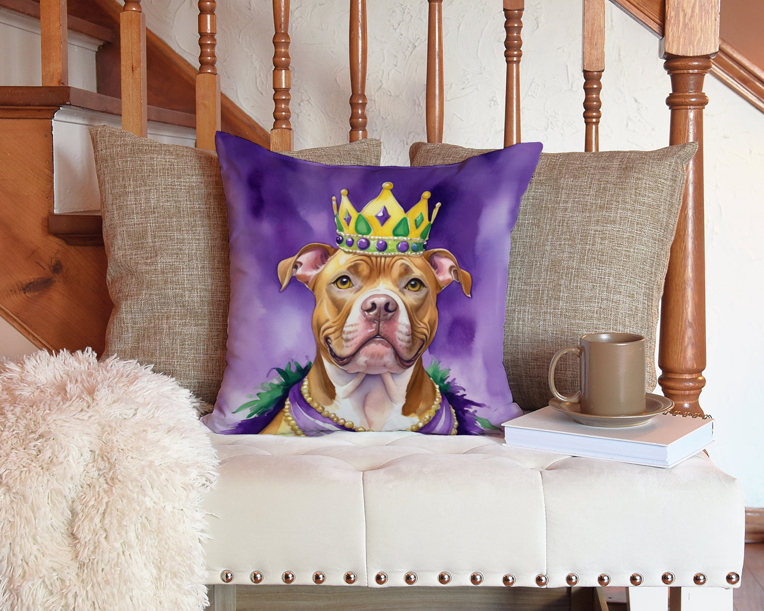 Pit Bull Terrier King of Mardi Gras Decorative Throw Pillow 14x14 Indoor Outdoor Accent Cushion, Fabric Cover with Insert for Sofa, Bed, Porch & Living Room