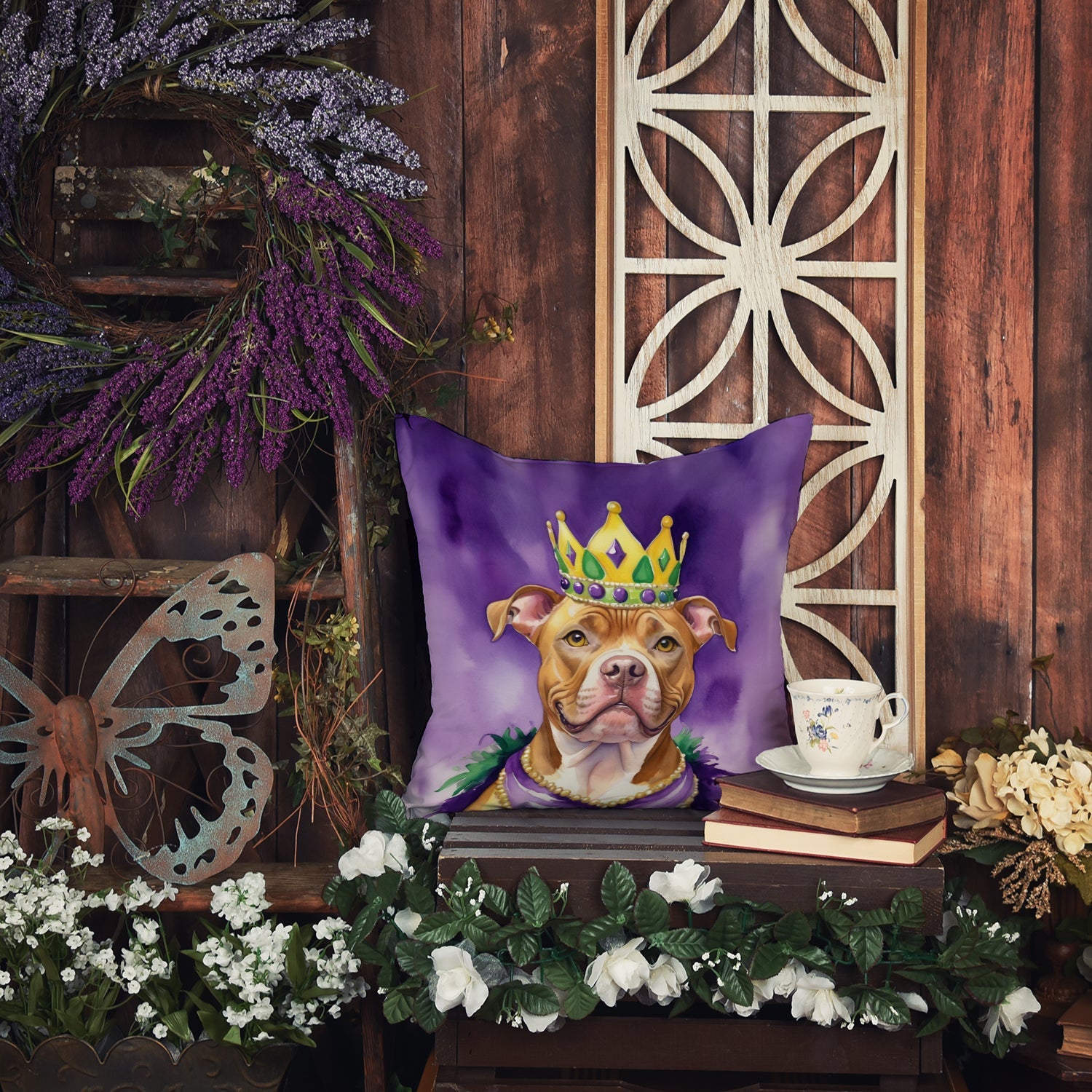 Pit Bull Terrier King of Mardi Gras Decorative Throw Pillow 14x14 Indoor Outdoor Accent Cushion, Fabric Cover with Insert for Sofa, Bed, Porch & Living Room